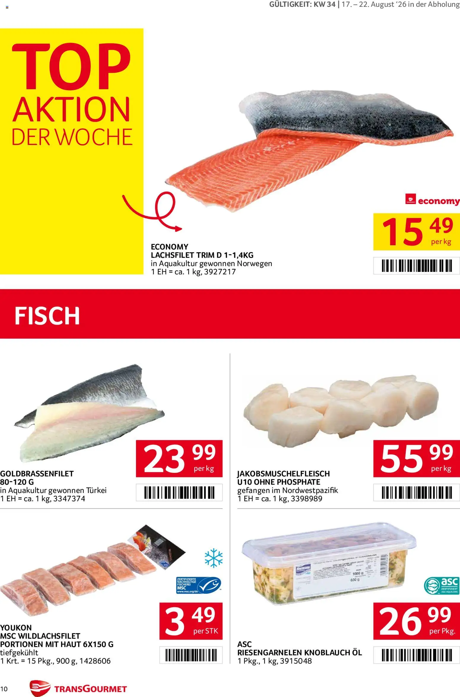 Transgourmet Flugblatt gültig ab 17.08.2026 | Seite: 10 | Produkte: Knoblauch, Lachsfilet, Öl, Fisch