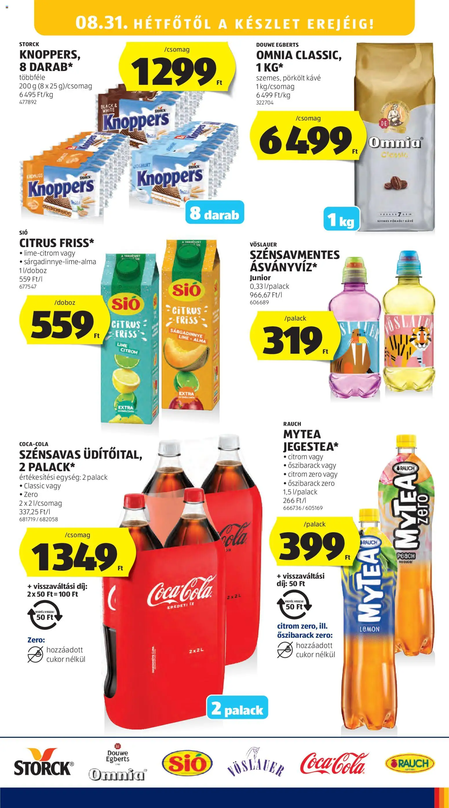 Aldi akciós ujság - amely érvényes a következő dátumtól: 2026.08.27. | Oldal: 31 | Termékek: Knoppers, Rauch, Pörkölt, Sárgadinnye