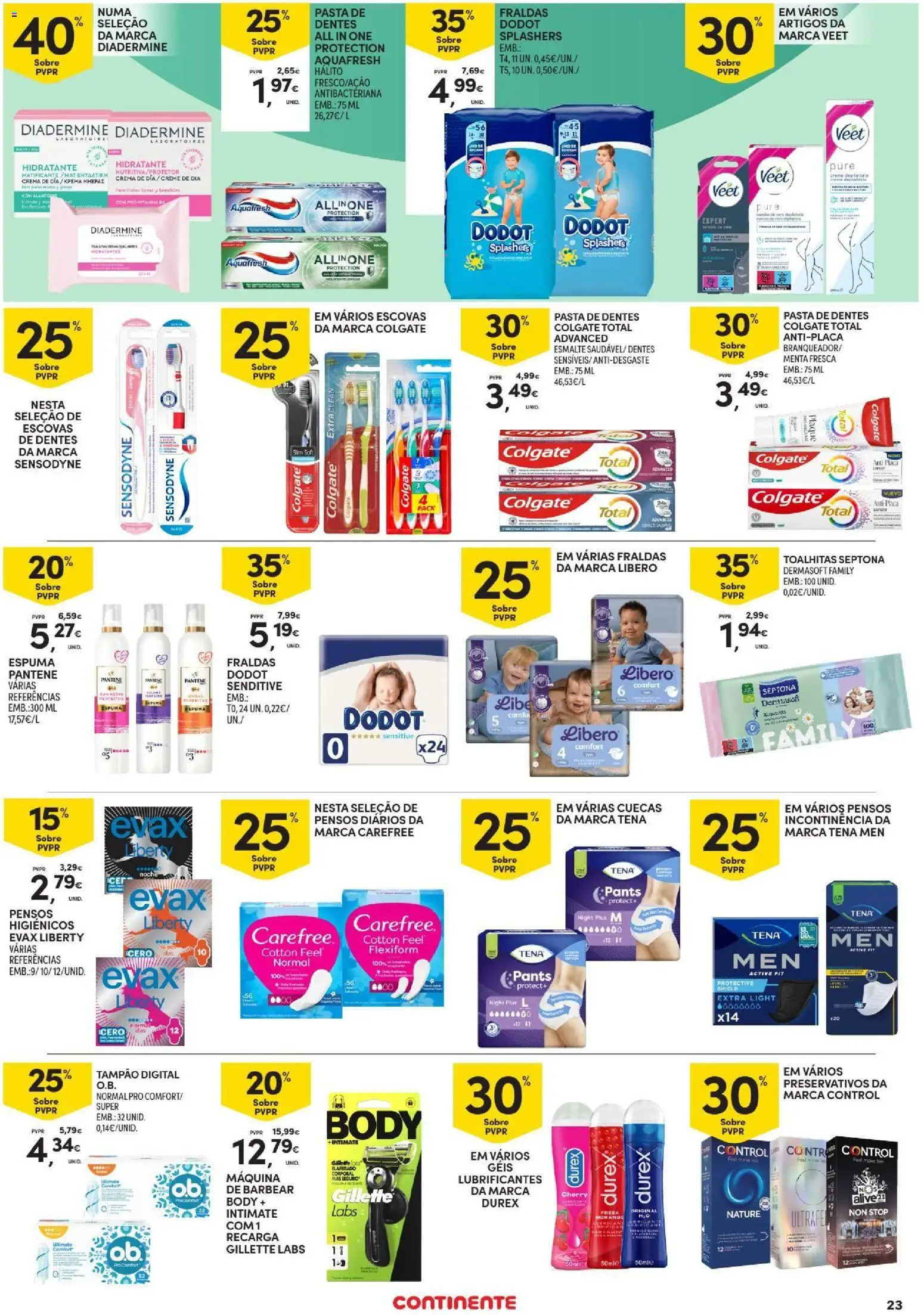 Continente - Açores Folheto Quinzenal │ válido de 23/07/2026 | Página: 23 | Produtos: Pensos higiénicos, Fraldas, Preservativos, Creme