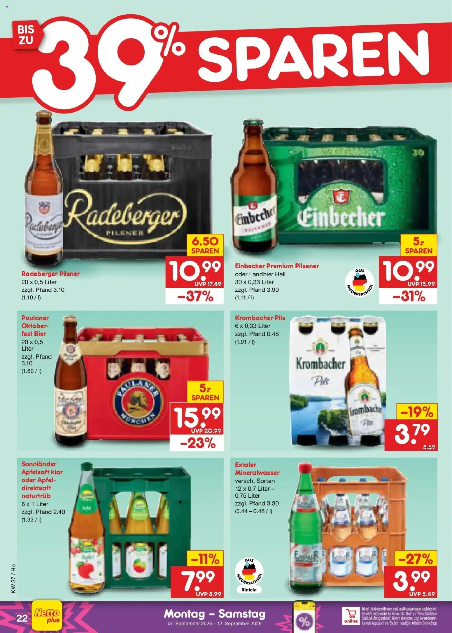 Netto Marken-Discount Prospekt Hannover – gültig ab 07.09.2026 | Seite: 30 | Produkte: Bier, Pils, Apfelsaft, Radeberger pilsner