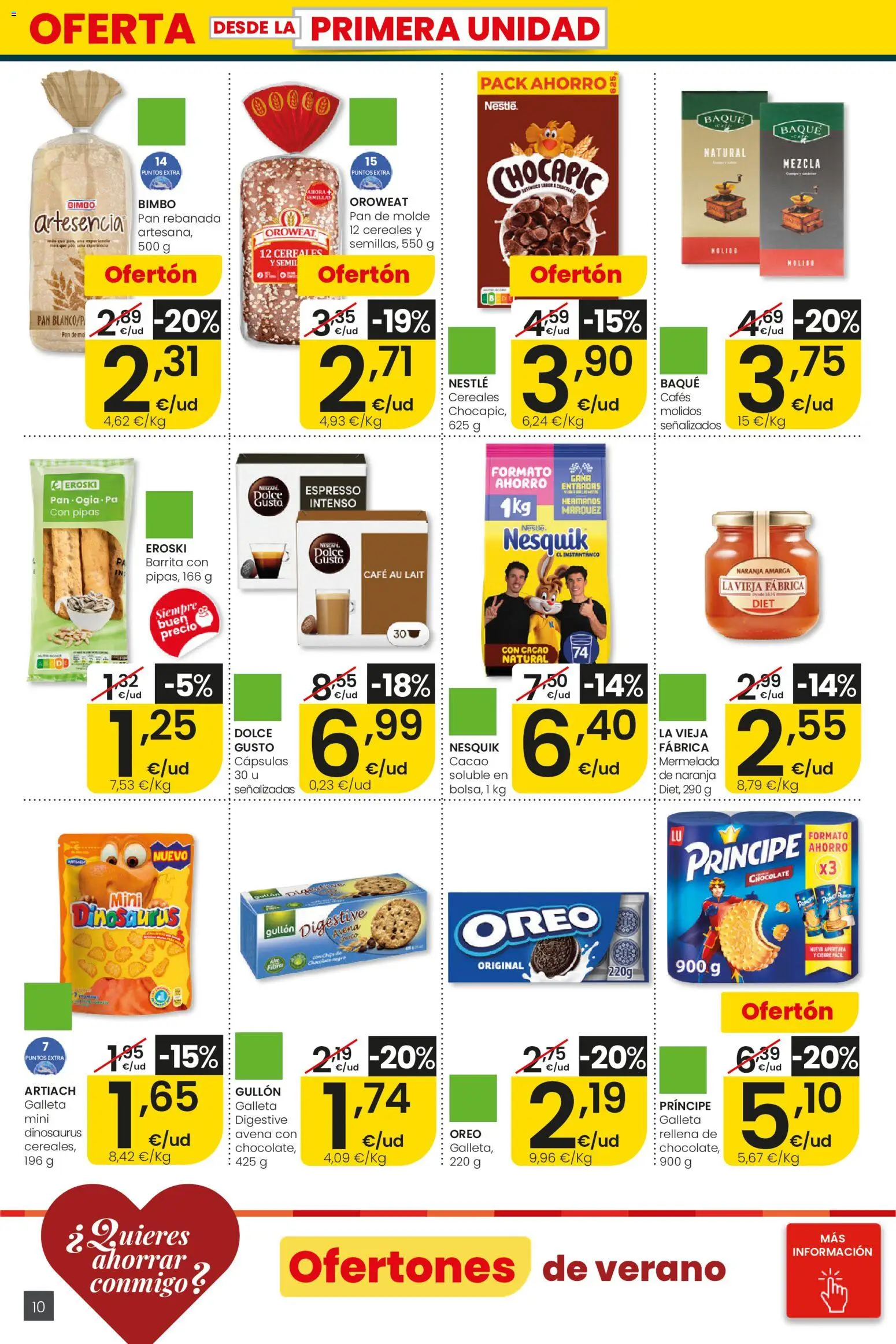 Eroski Ofertones de verano │ válido desde el 28.05.2026 | Página: 10 | Productos: Pan, Café, Cereales, Φρυγανιές σικάλεως