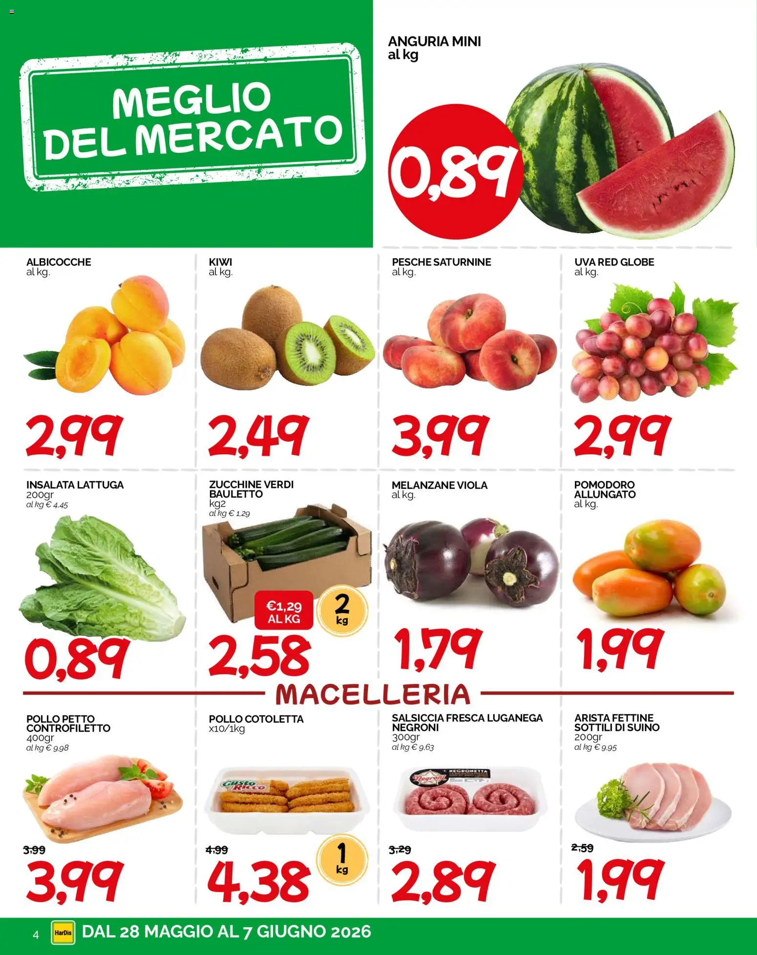 Volantino HarDis del 28.05.2026 | Pagina: 4 | Prodotti: Pollo, Suino, Salsiccia, Albicocche