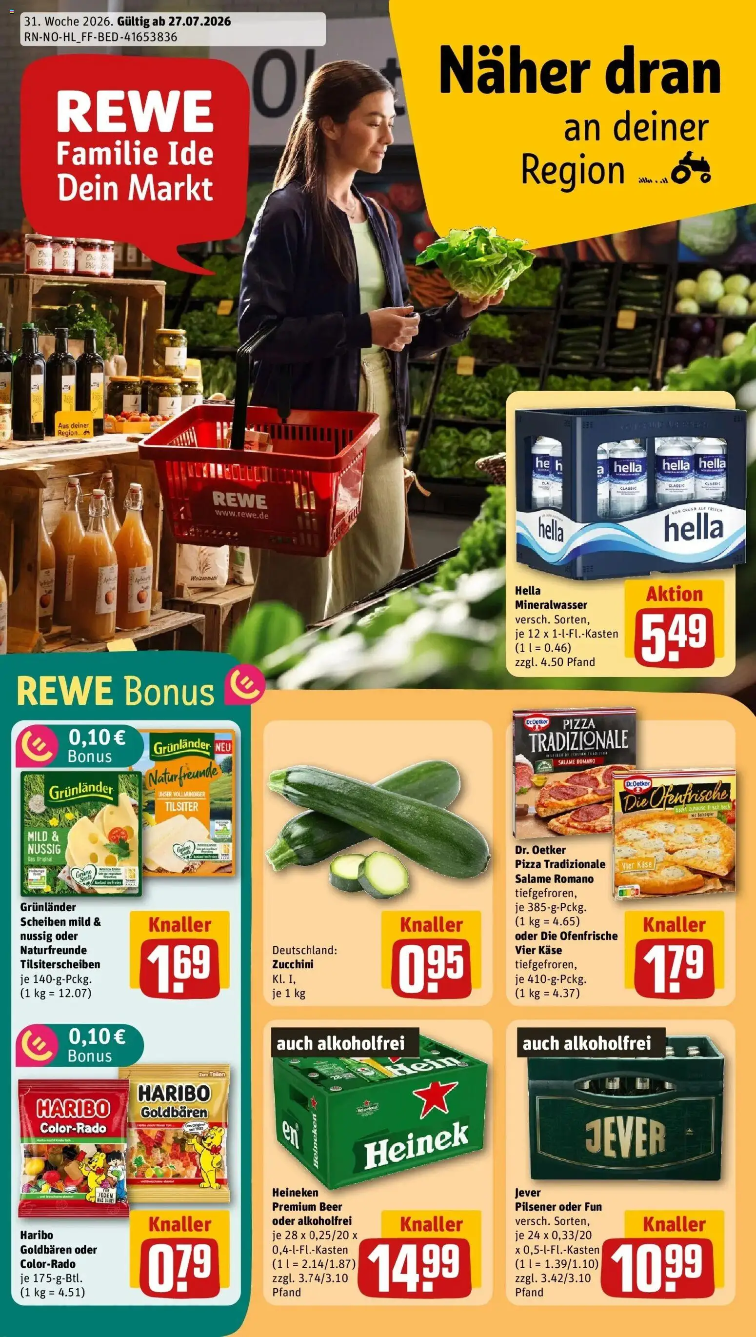 Rewe Prospekt Tornesch – gültig ab 27.07.2026 | Seite: 1 | Produkte: Heineken, Hella, Jever, Zucchini