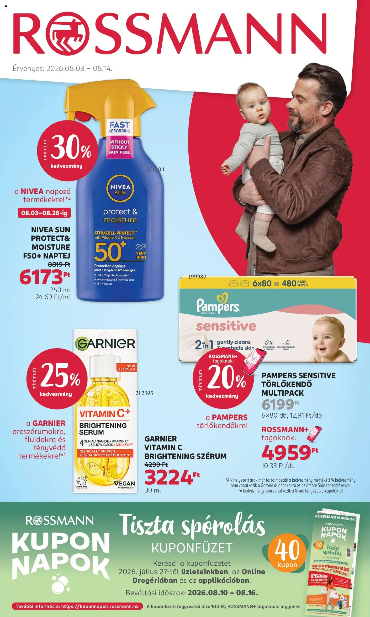 Rossmann akciós ujság - amely érvényes a következő dátumtól: 2026.08.03. | Oldal: 1 | Termékek: Törlőkendő, Vitamin c, Fényvédő, Vegán