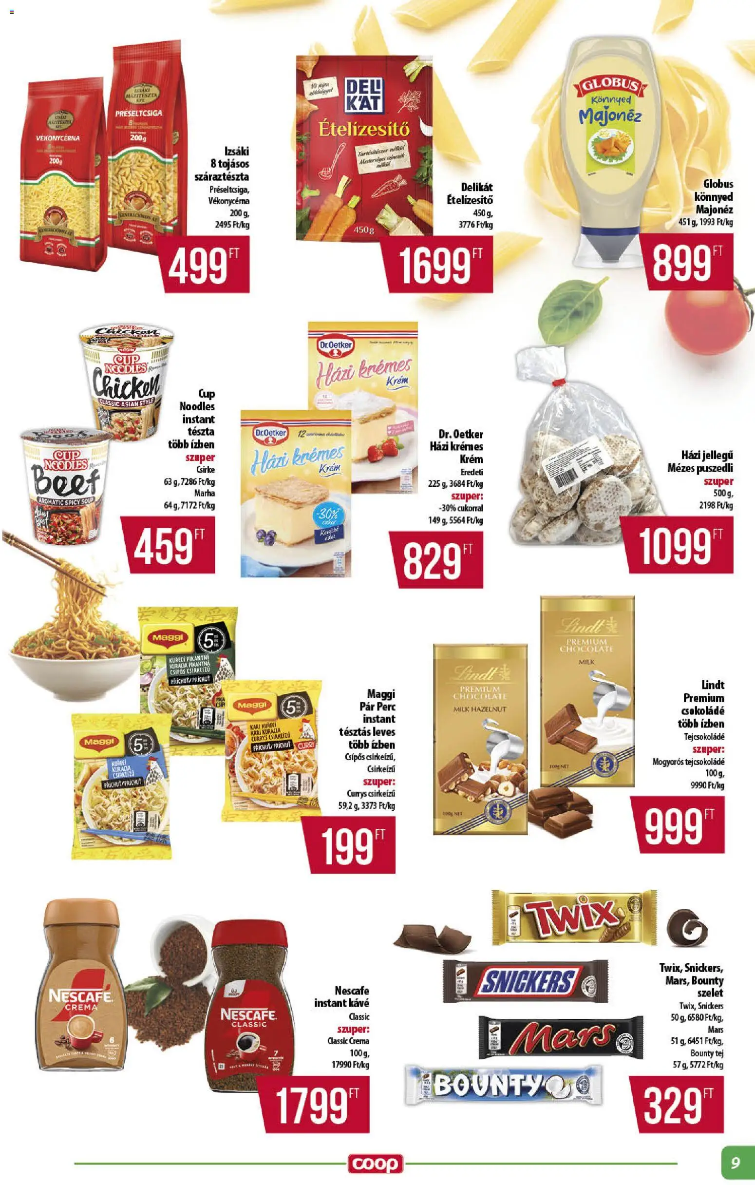 COOP akciós ujság - amely érvényes a következő dátumtól: 2026.09.24. | Oldal: 9 | Termékek: Dr. Oetker, Csirke, Snickers, Instant kávé