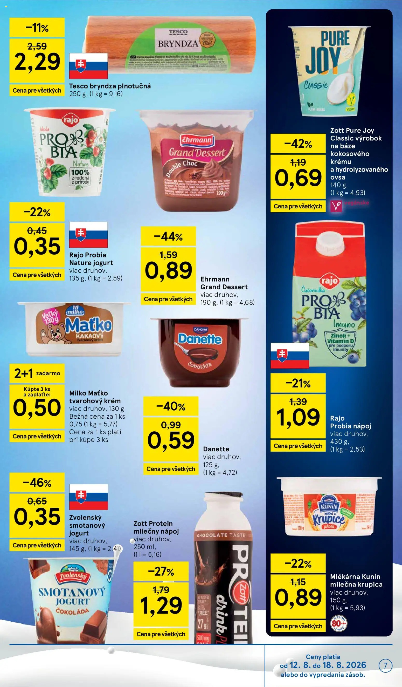 Nové Tesco akcie – leták je platný od 12.08.2026 | Strana: 7 | Produkty: Bryndza, Čokoláda, Smotanový jogurt, Tvarohový krém