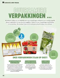 De bakjes van onze Belgische aardbeien, Een nieuw kartonnen bakje in plaats van een plastic bakje. Zo gebruiken we 17 ton minder plastic per jaar. - Voorbeeld van een folder van Delhaize, geldig van 02.04.2026 | Pagina: 102 | Producten: Aardbeien, Was