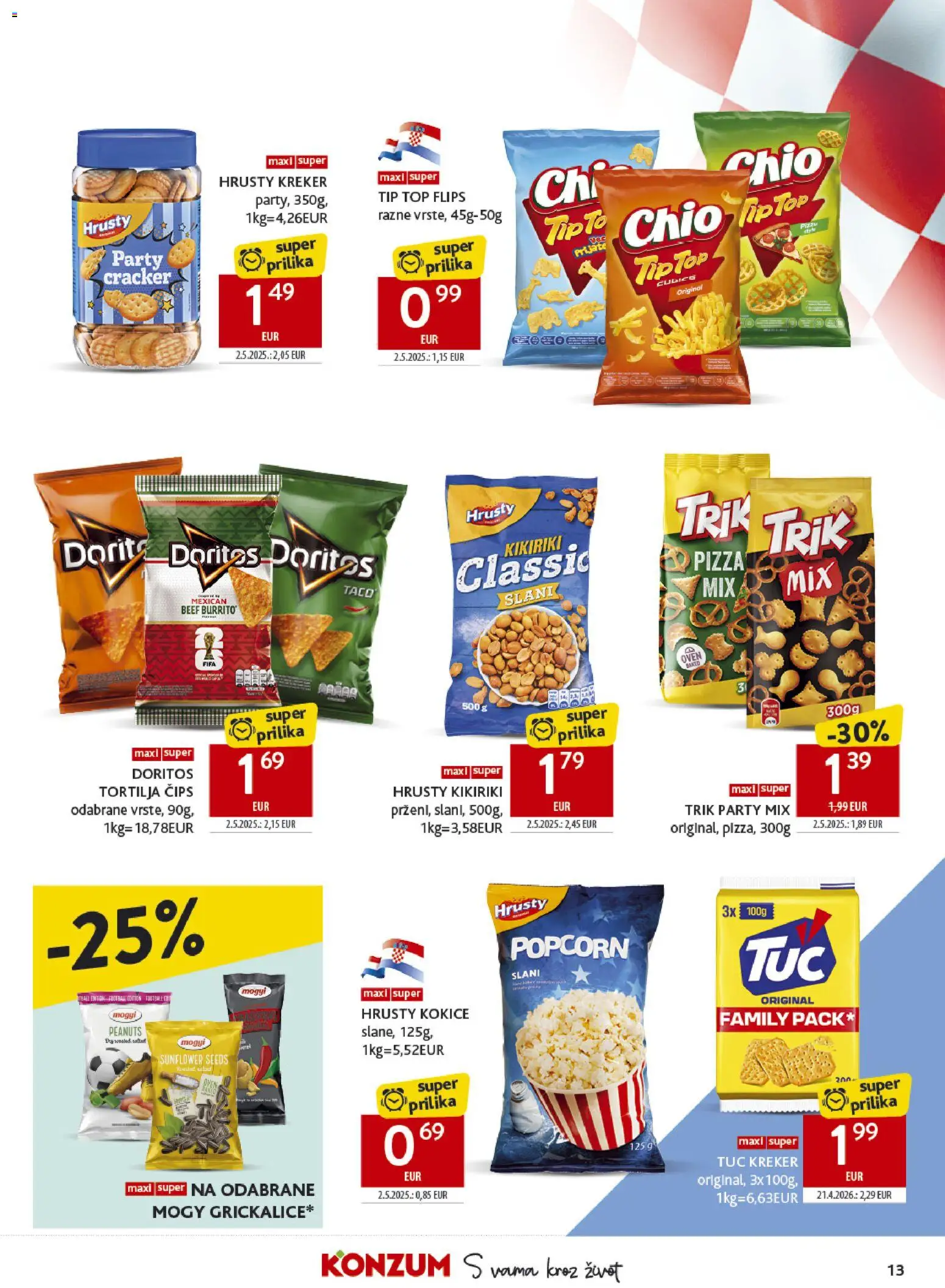 Konzum HR akciós ujság - amely érvényes a következő dátumtól: 2026.07.01. | Oldal: 13 | Termékek: Tortilla, Kréker, Popcorn, Pizza
