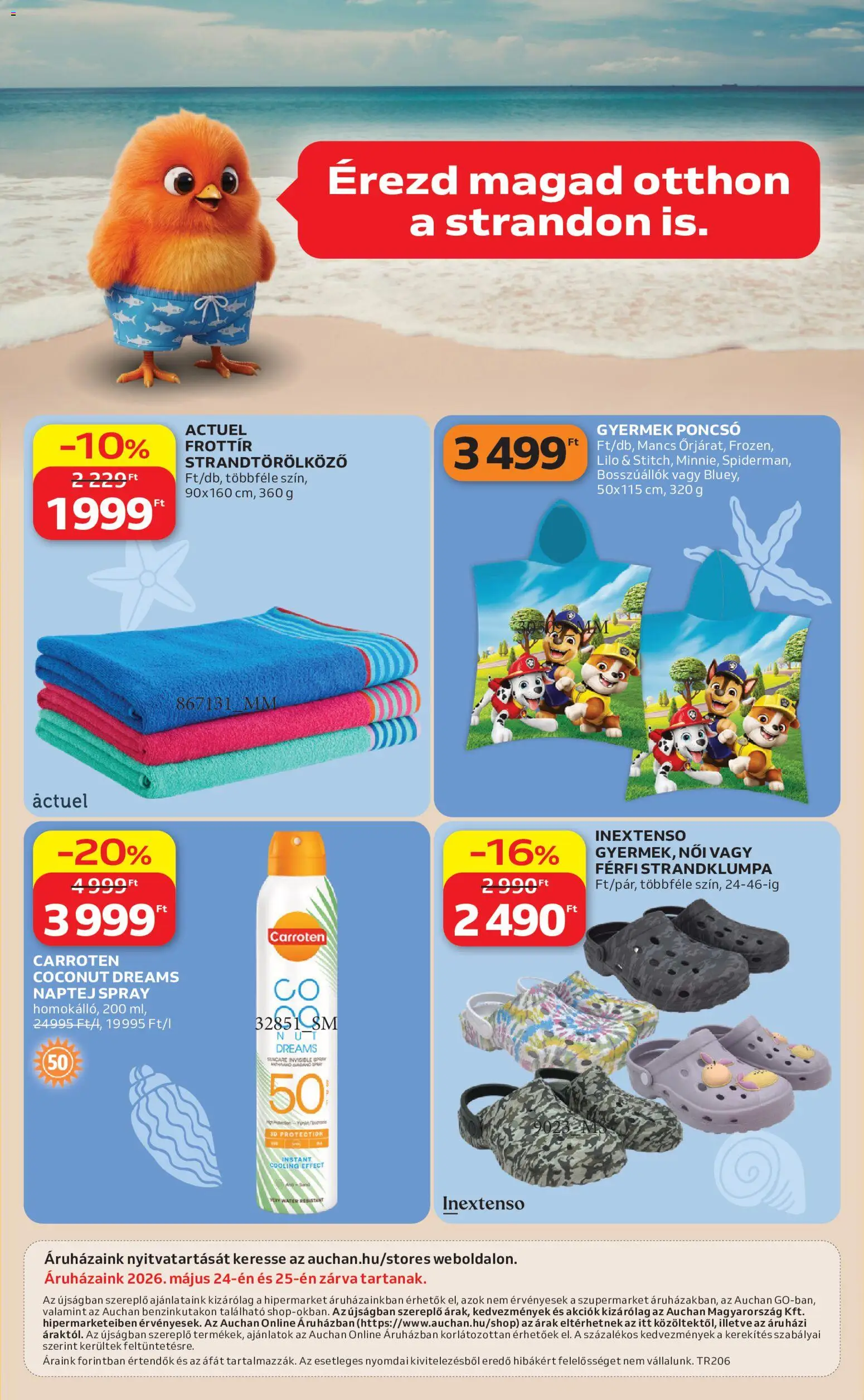 Auchan akciós ujság - amely érvényes a következő dátumtól: 14.05.2026 | Oldal: 12 | Termékek: Poncsó, Strandtörölköző, Naptej