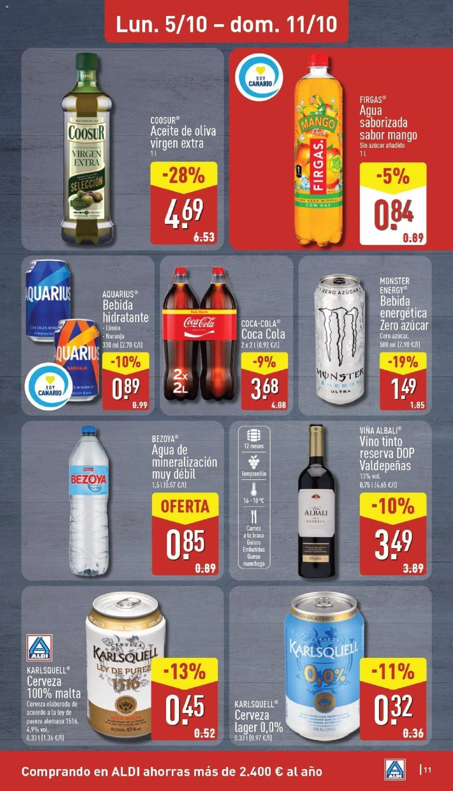 Aldi folleto Canarias │ válido desde el 05/10/2026 | Página: 11 | Productos: Bebida energética, Vino, Aceite de oliva, Alcohol