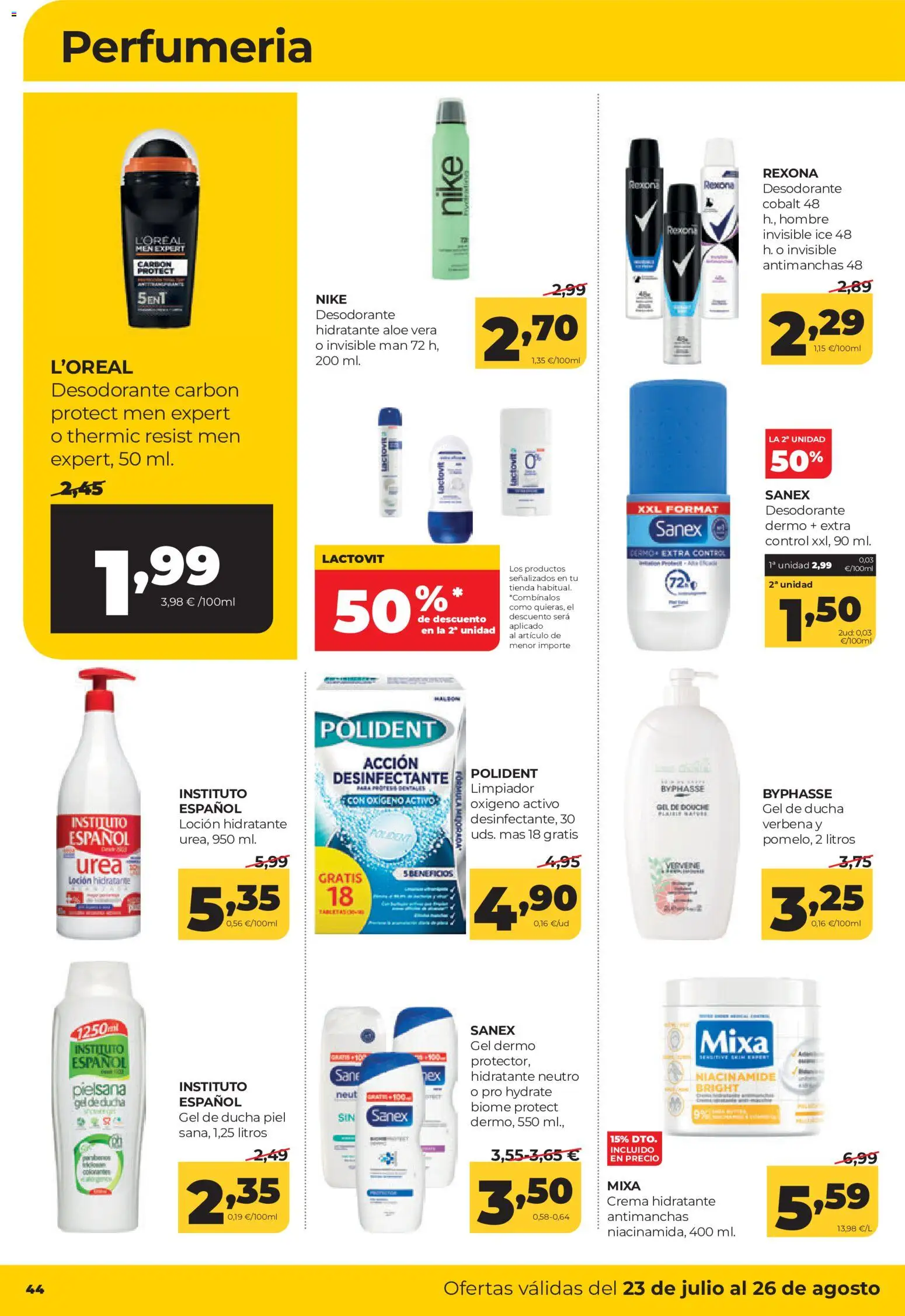 Alimerka folleto Asturias │ válido desde el 23/07/2026 | Página: 44 | Productos: Desodorante, Crema, Crema hidratante, Ducha