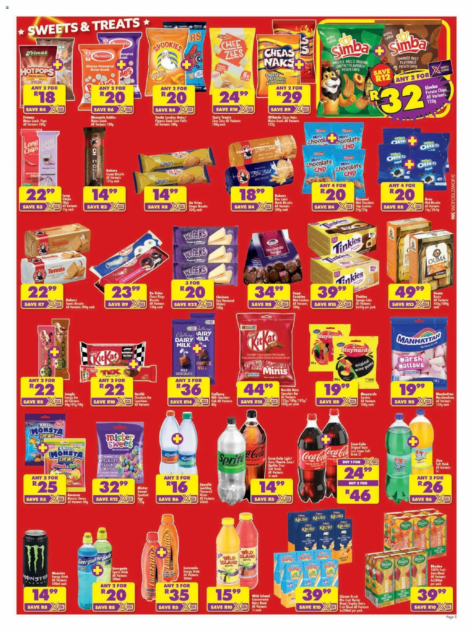 New Shoprite catalogue – valid from 20/07/2026 | Page: 5 | Products: Sweets, Milk, Chips, Bacon