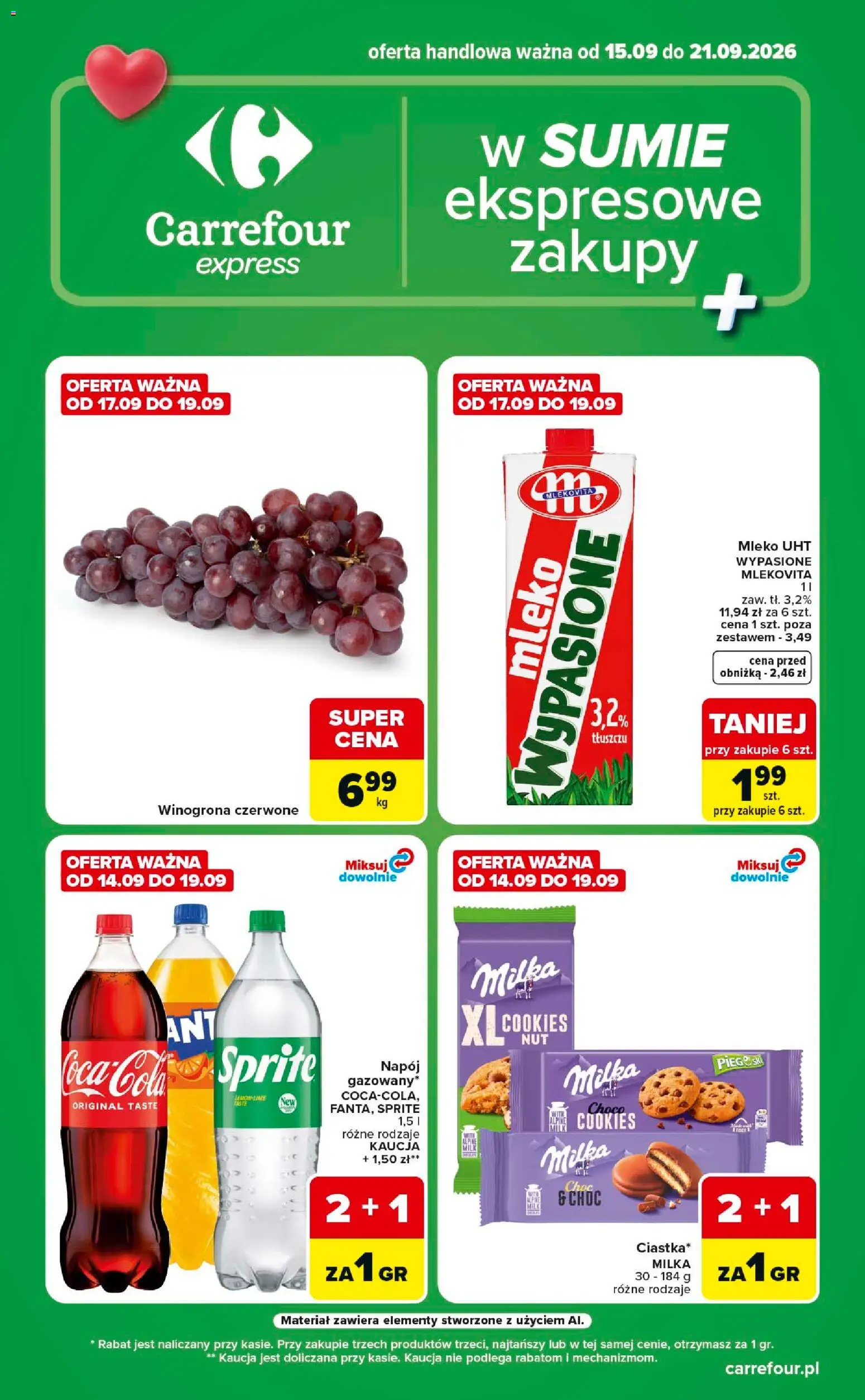 Carrefour gazetka - Express od 15.09.2026 | Strona: 1 | Produkty: Winogrona, Sprite, Mleko, Mleko UHT
