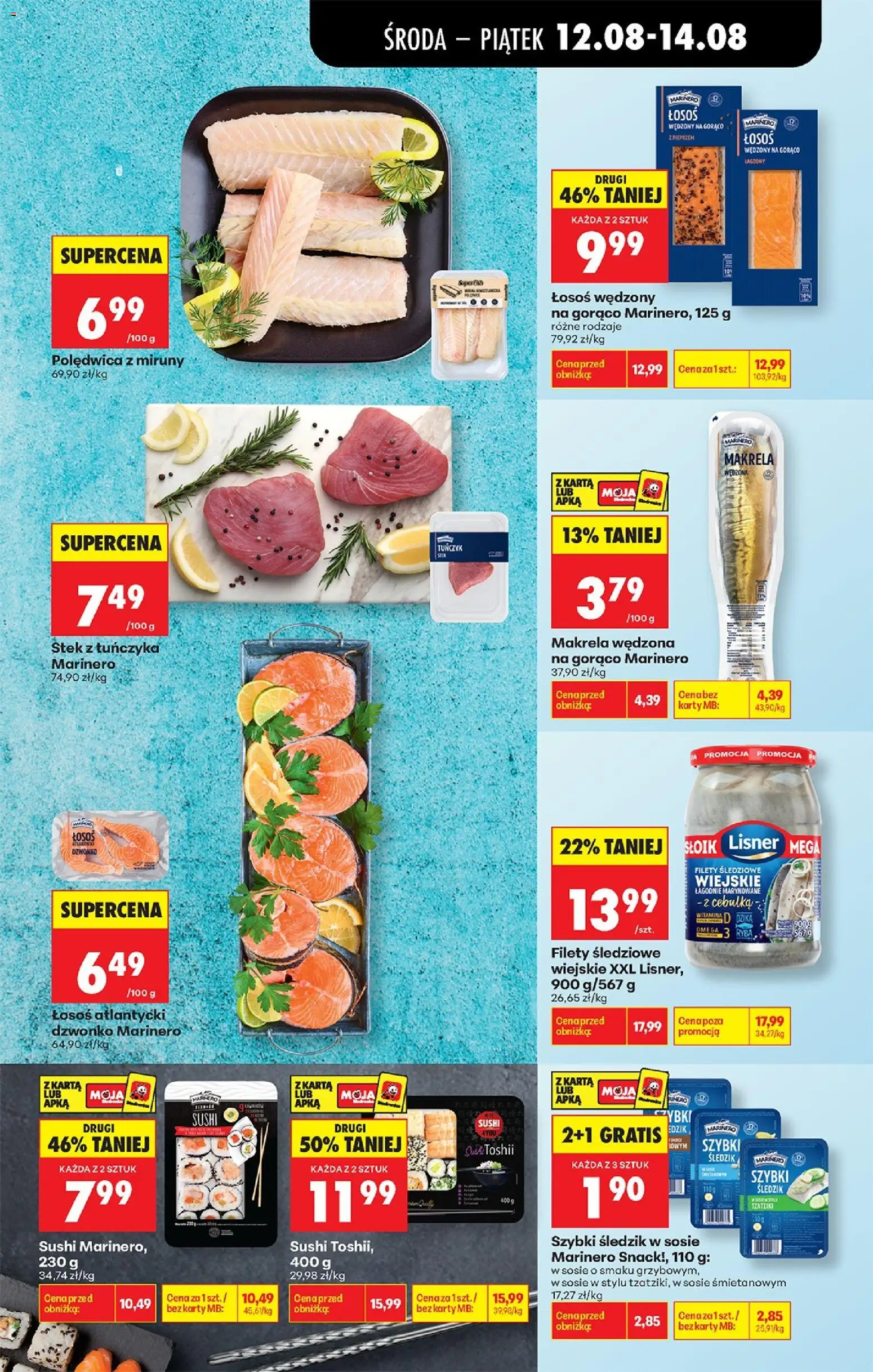 Biedronka gazetka od środy od 12.08.2026 | Strona: 39 | Produkty: Tzatziki, Łosoś atlantycki, Stek z tuńczyka, Makrela