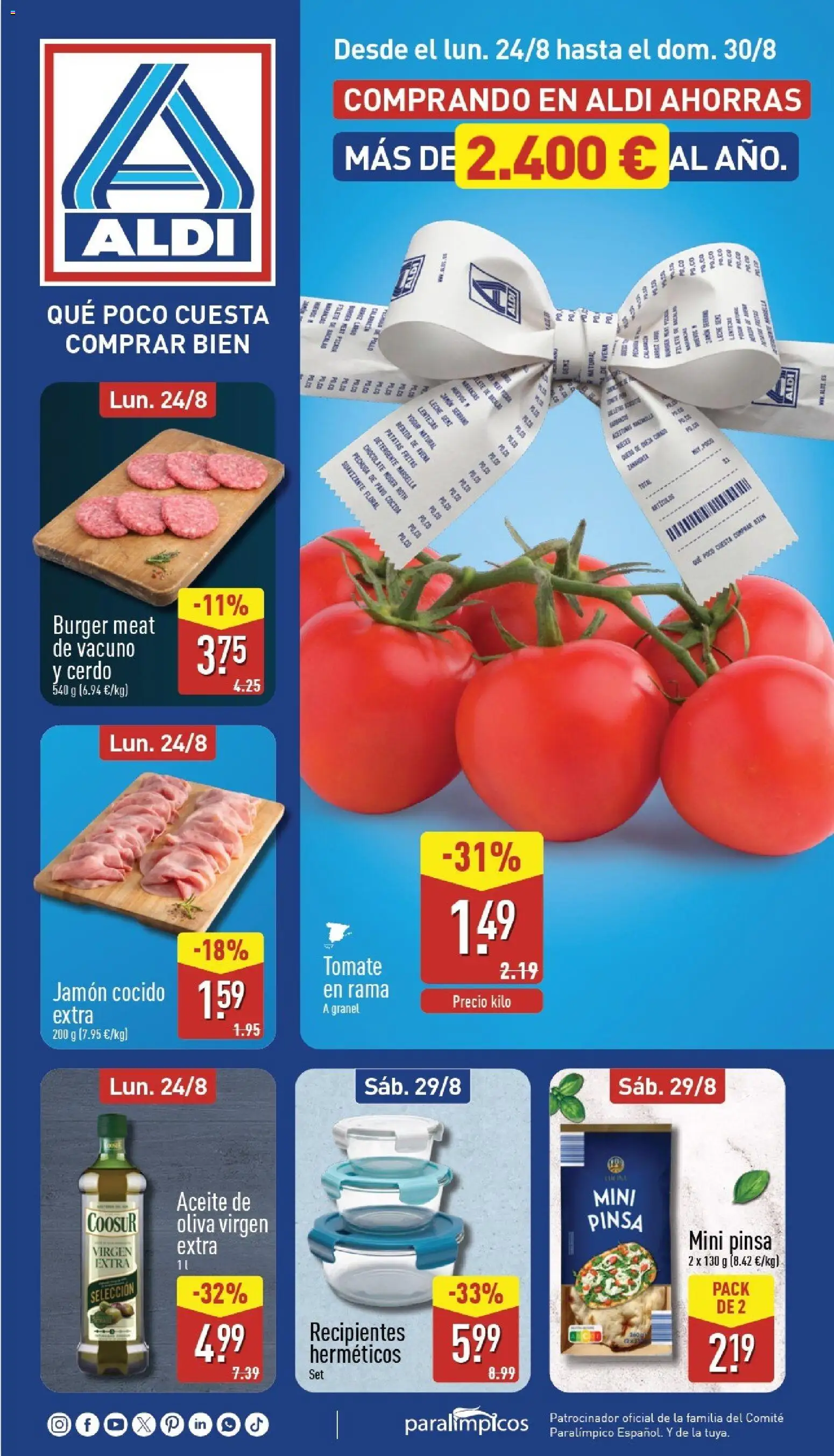 Aldi folleto Canarias │ válido desde el 24/08/2026 | Página: 1 | Productos: Jamón cocido, Cerdo, Aceite de oliva, Lentejas