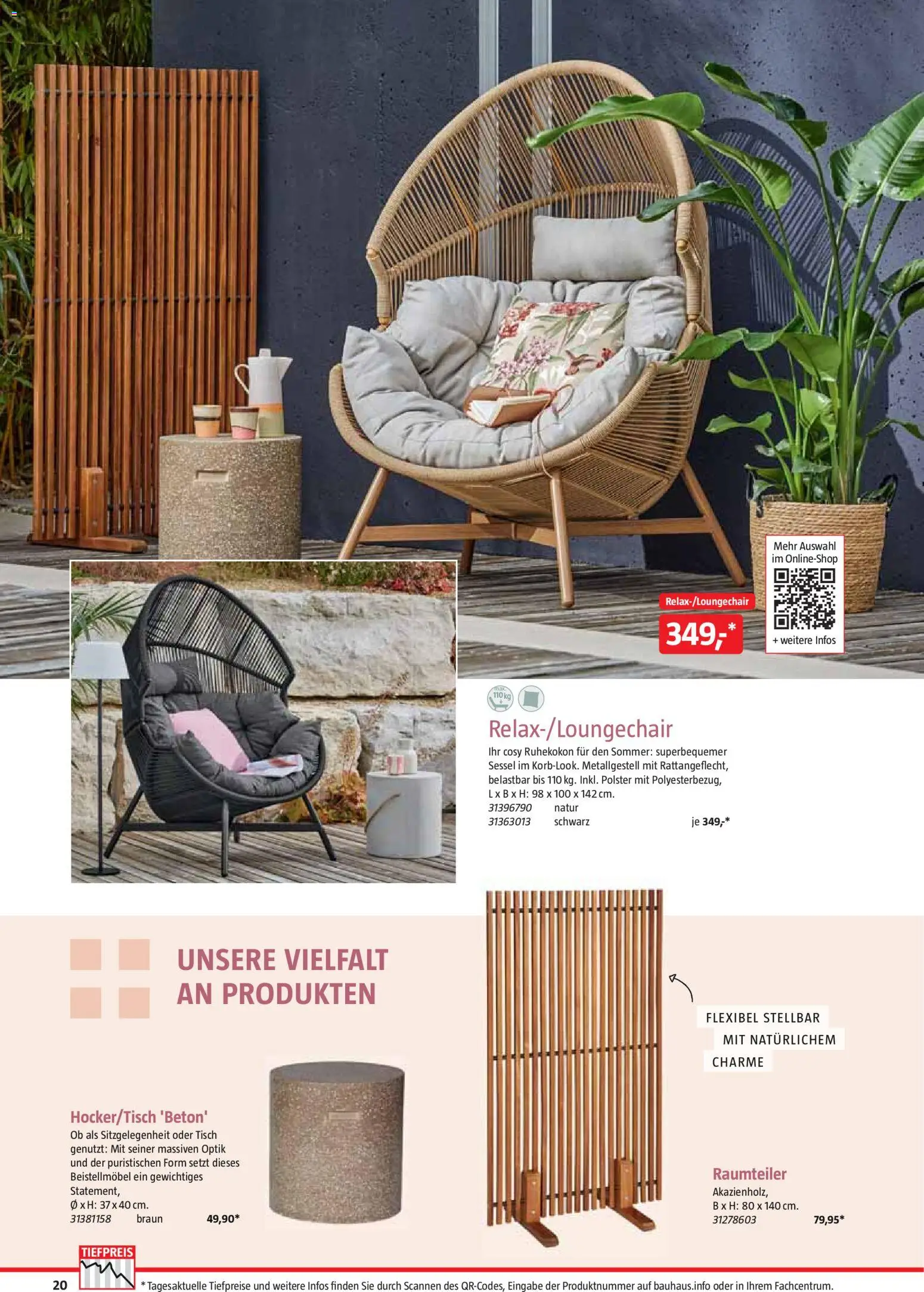 Bauhaus Freizeit im Garten – gültig ab 02.03.2026 | Seite: 20 | Produkte: Raumteiler, Sessel, Tisch