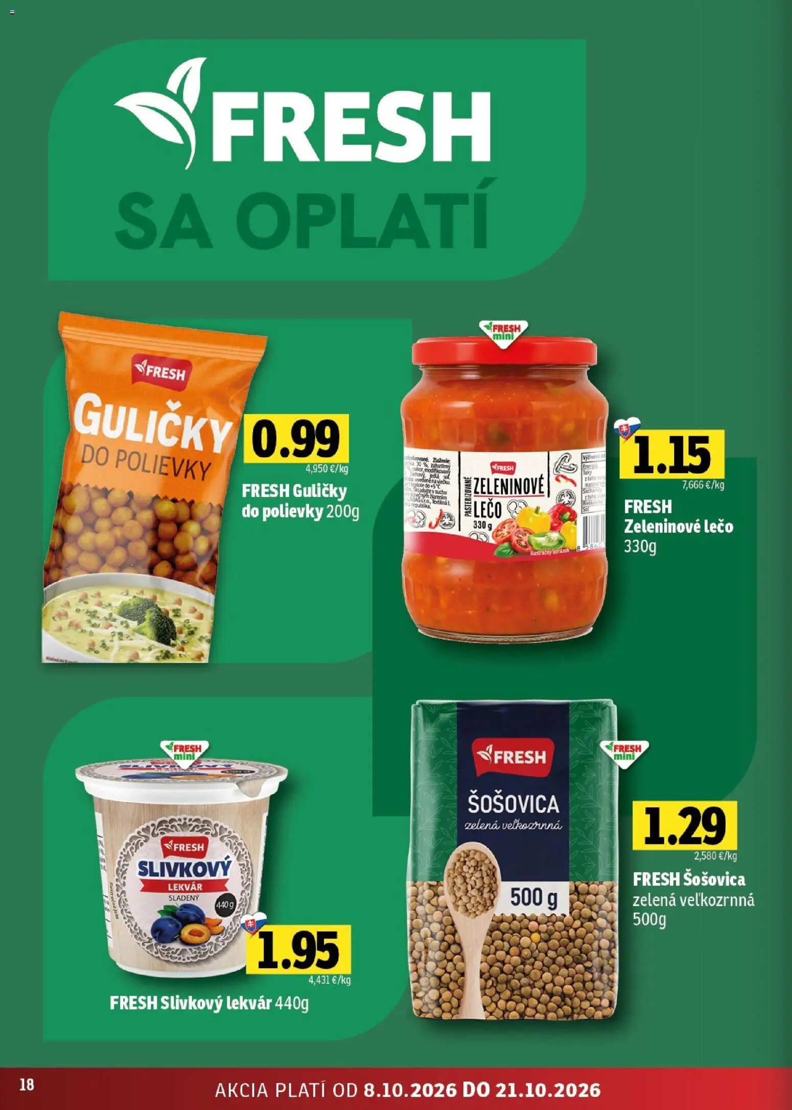 Nové Fresh akcie – leták je platný od 08.10.2026 | Strana: 18 | Produkty: Polievky, Šošovica, Lekvár, Soľ