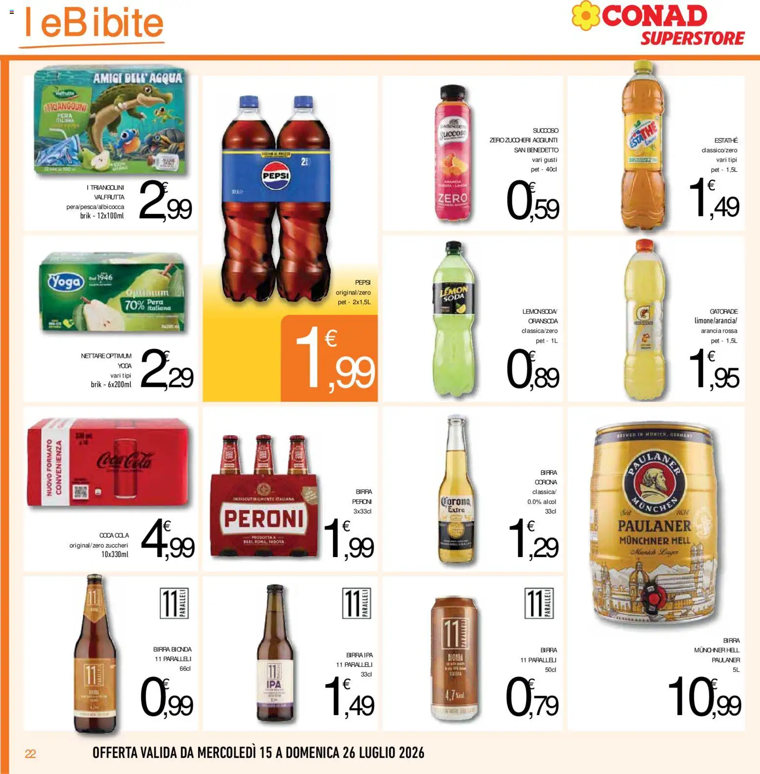 Volantino Conad del 15/07/2026 | Pagina: 22 | Prodotti: Birra, Pera, Arancia, Pepsi