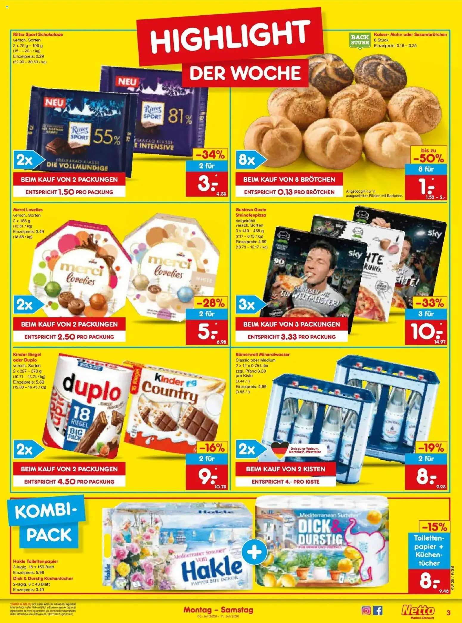 Netto Marken-Discount - Netto: Wochenangebote – gültig ab 05.07.2026 | Seite: 3 | Produkte: Gustavo gusto, Merci, Kinder riegel, Mineralwasser