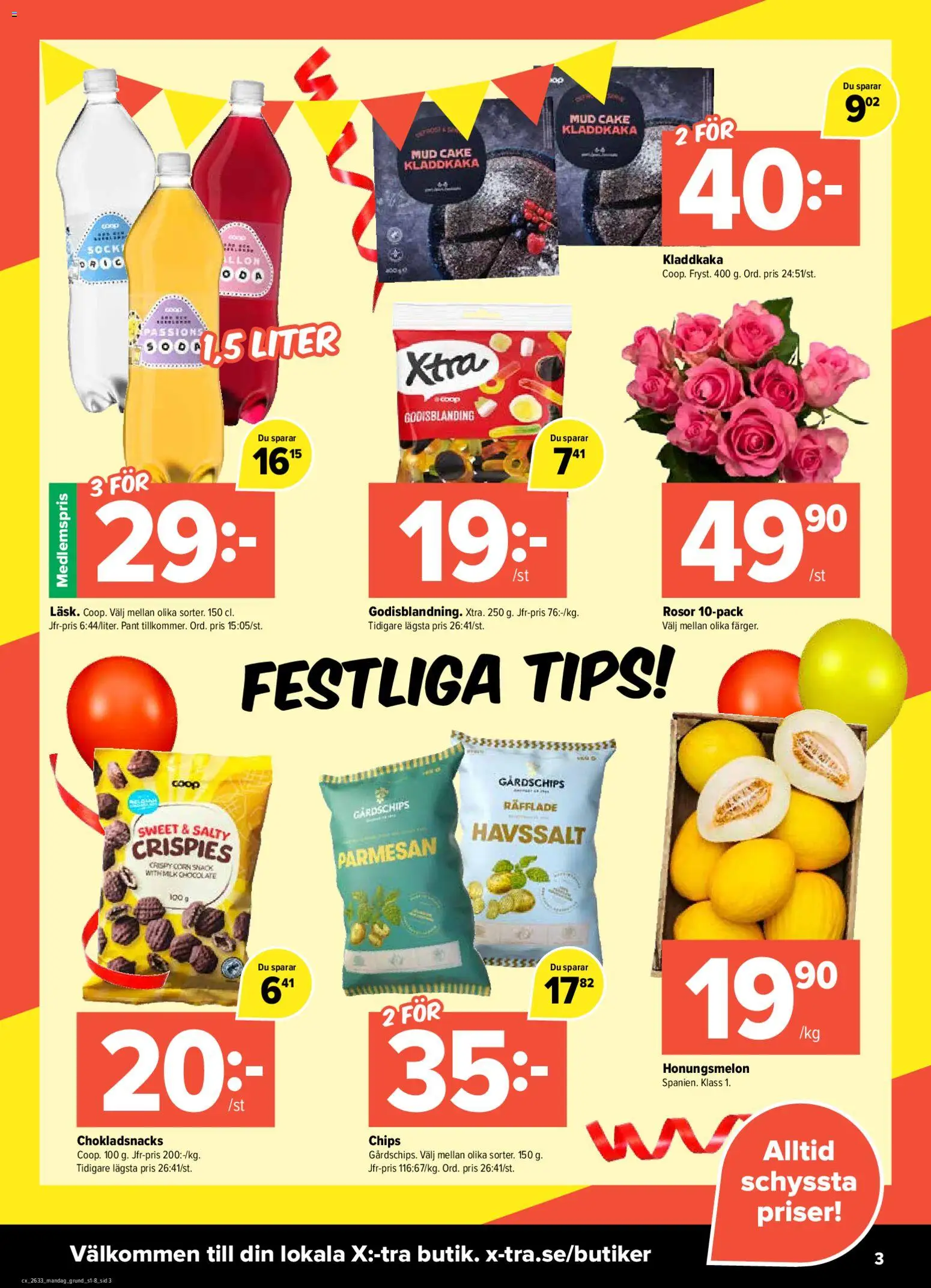 Coop X:-TRA reklamblad aktuell från 10/08/2026 | Sida: 3 | Produkter: Honungsmelon, Parmesan, Chips, Kladdkaka
