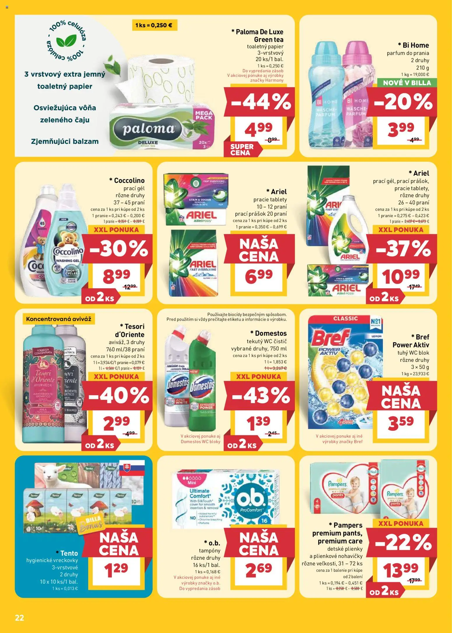 Nové Billa akcie – leták je platný od 15.04.2026 | Strana: 22 | Produkty: Prací prášok, Toaletný papier, Wc blok, Domestos