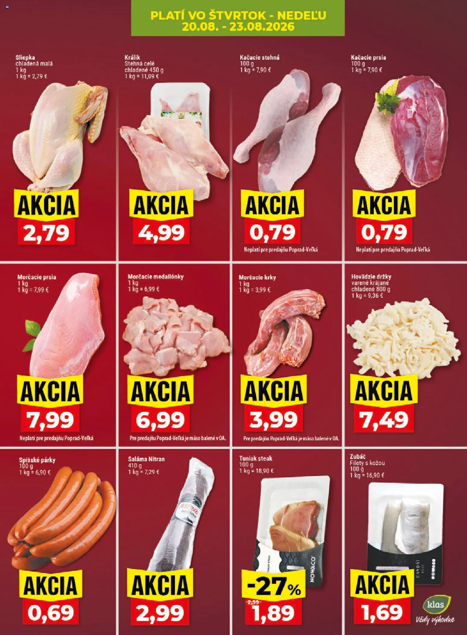 Nové Klas akcie – leták je platný od 17.08.2026 | Strana: 28 | Produkty: Saláma, Kačacie prsia, Kačacie stehná, Morčacie prsia