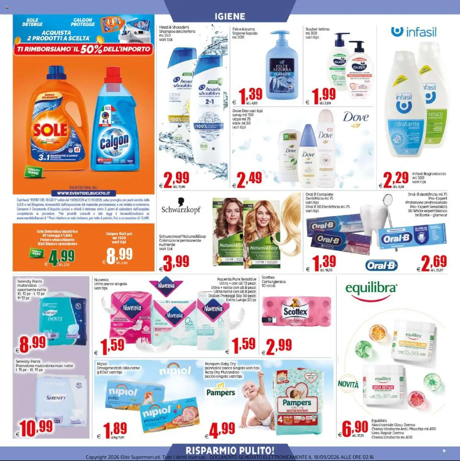 Volantino Elite Supermercati del 18/09/2026 | Pagina: 9 | Prodotti: Shampoo, Proteggi slip, Prosciutto, Pampers