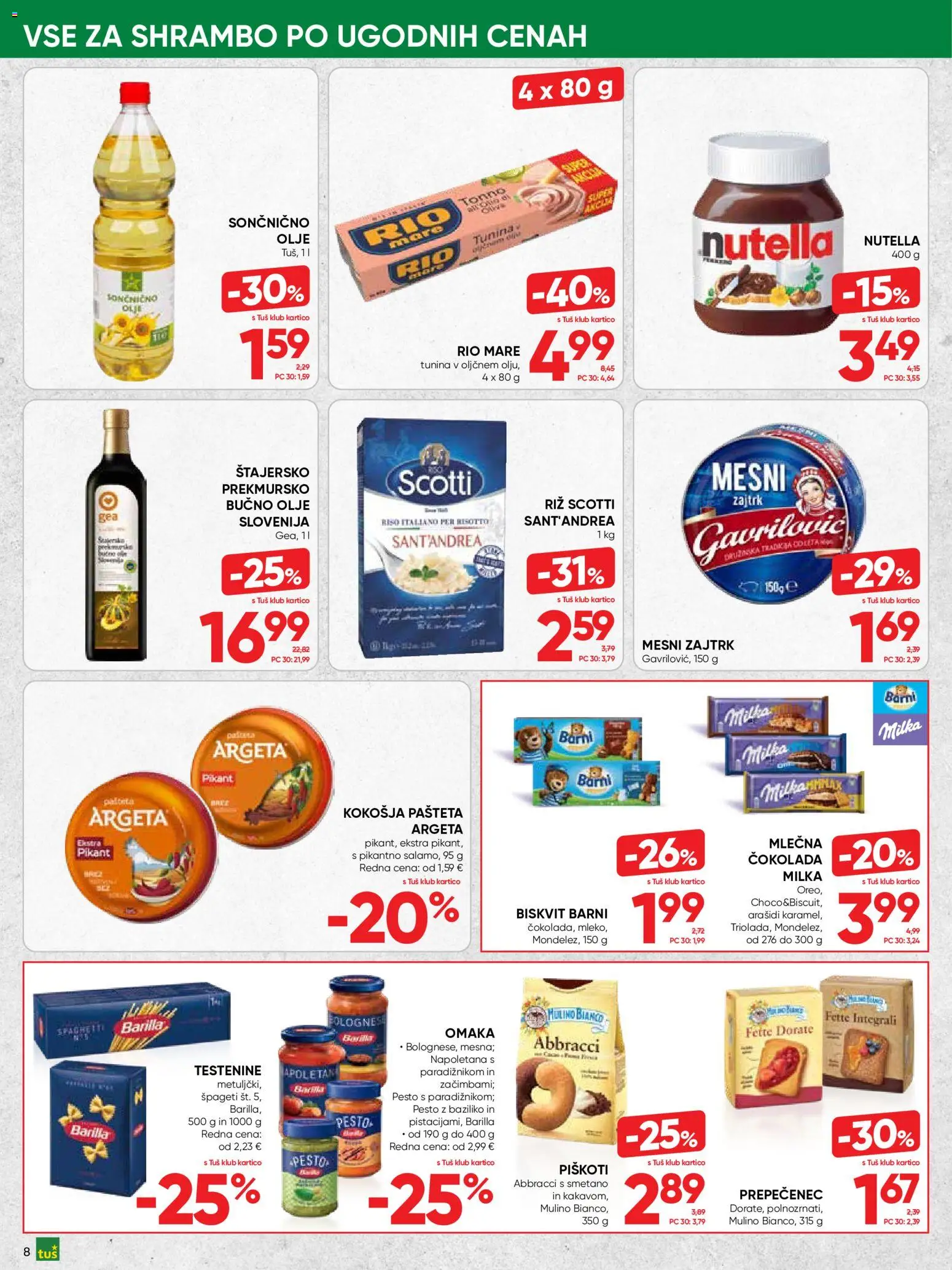 Novi Tuš katalog ponudbe – veljaven od 15.07.2026 | Stran: 8 | Izdelki: Pašteta, Cokolada, Spageti, Nutella