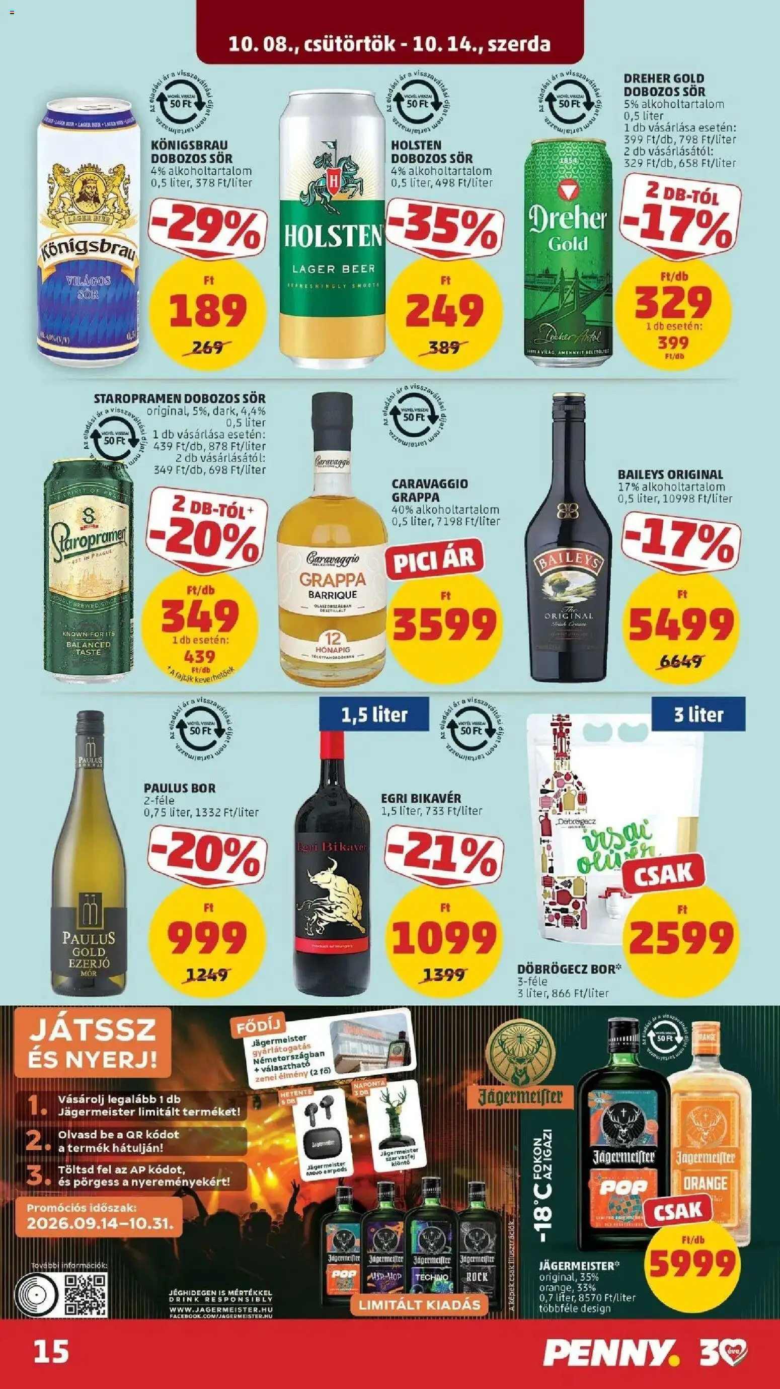 PENNY aktuális akciós újság: 2026.10.07.-tól lapozható | Oldal: 15 | Termékek: Jägermeister, Dreher, Dobozos sör, Baileys