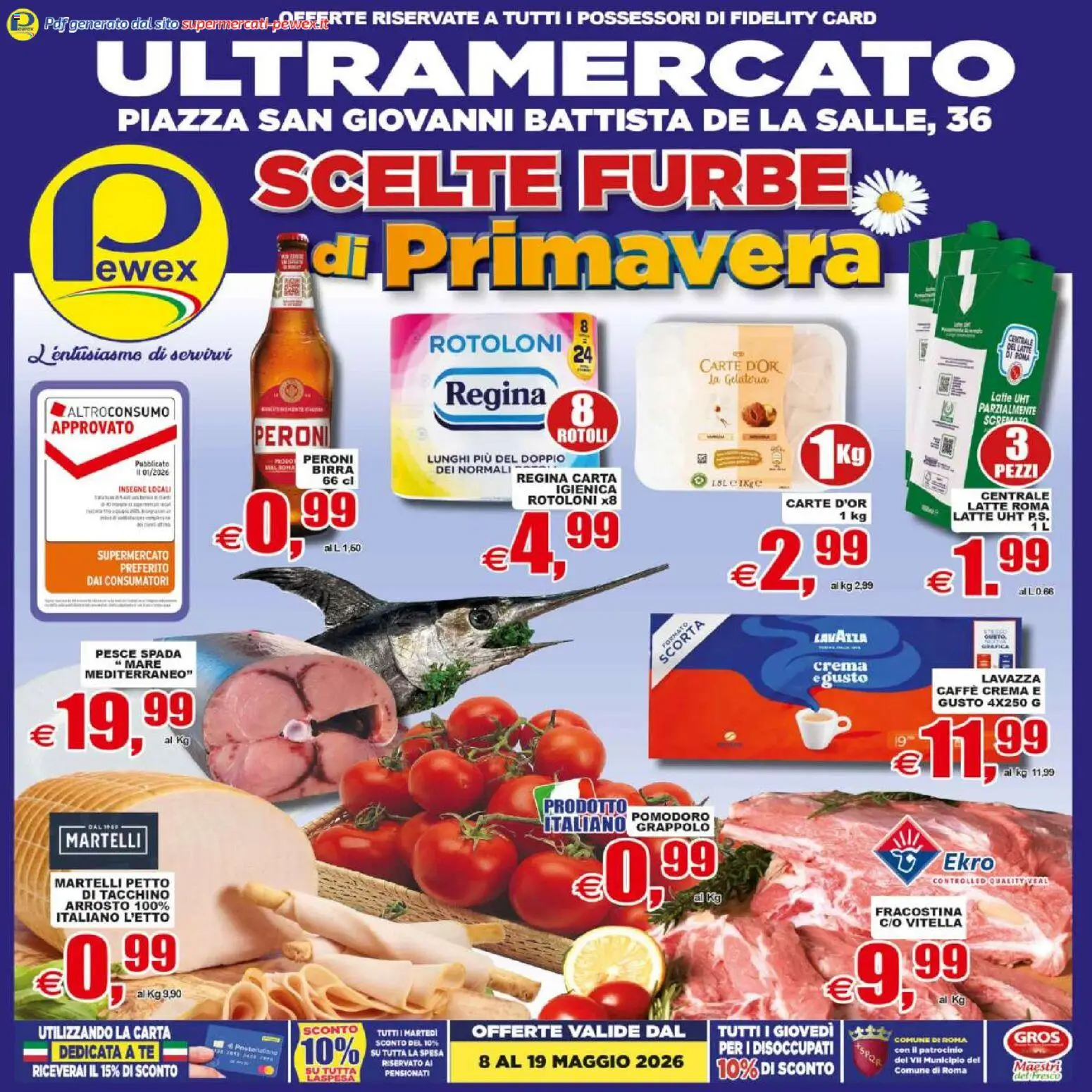 Volantino Pewex del 08.05.2026 | Pagina: 1 | Prodotti: Birra, Pesce, Tacchino, Pesce spada