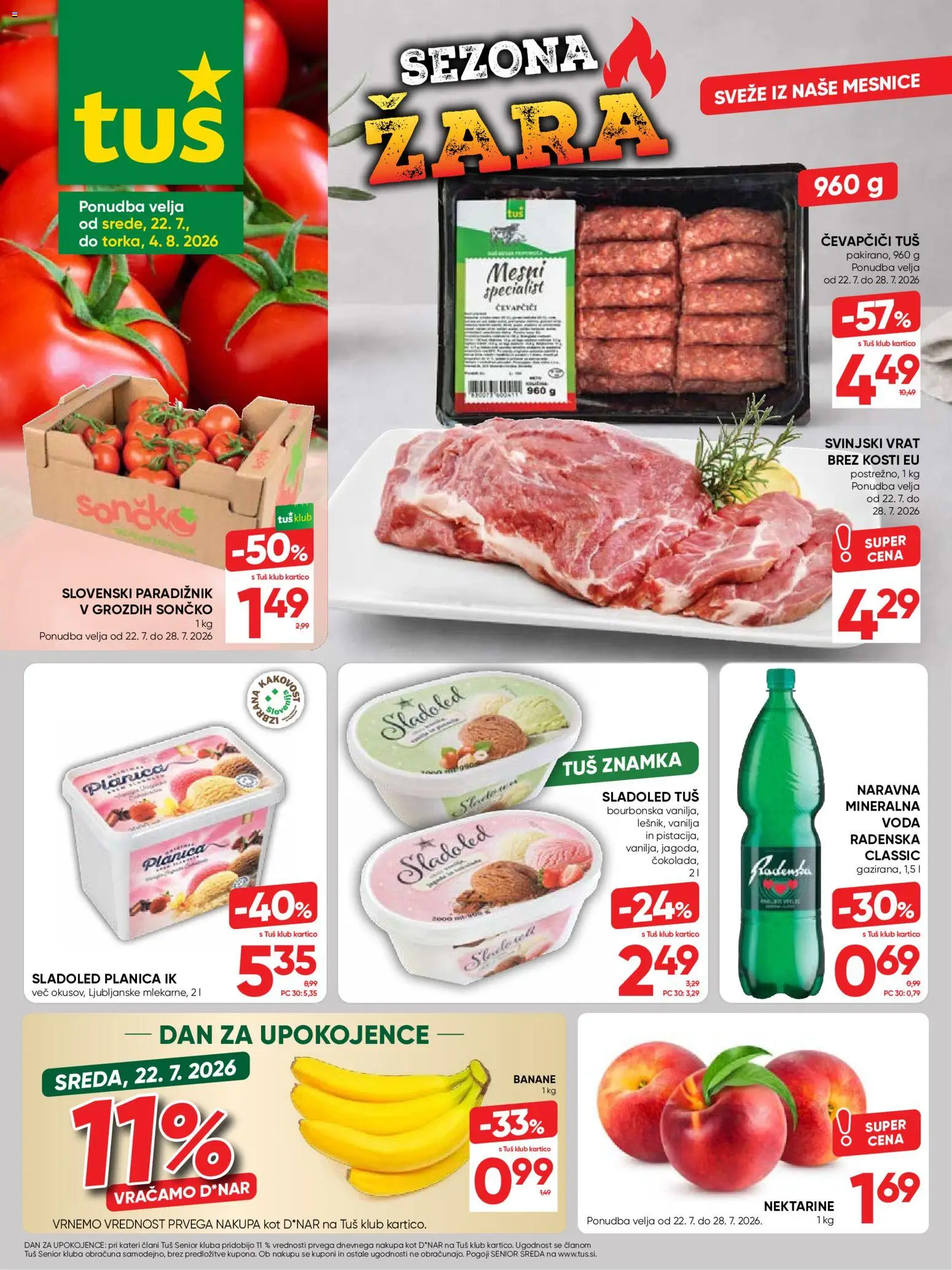 Novi Tuš katalog ponudbe – veljaven od 22.07.2026 | Stran: 1 | Izdelki: Čevapčiči, Paradiznik, Sladoled, Voda