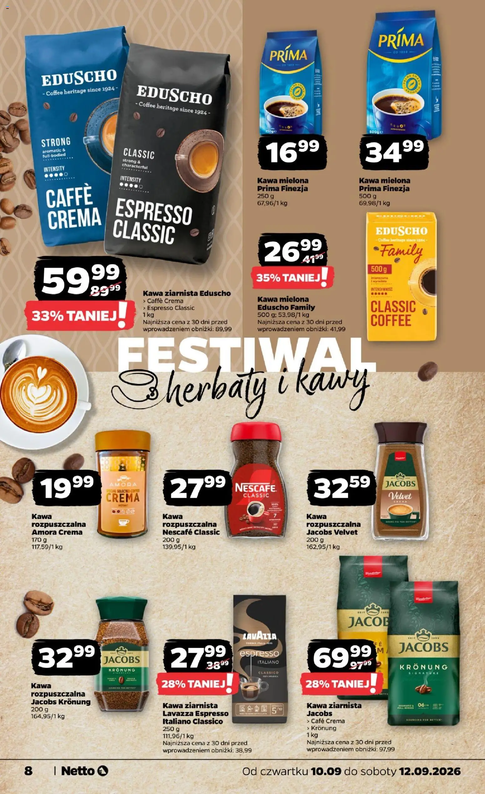 Netto gazetka od czwartku od 10.09.2026 | Strona: 8 | Produkty: Kawa ziarnista, Lavazza espresso, Kawa, Kawa mielona