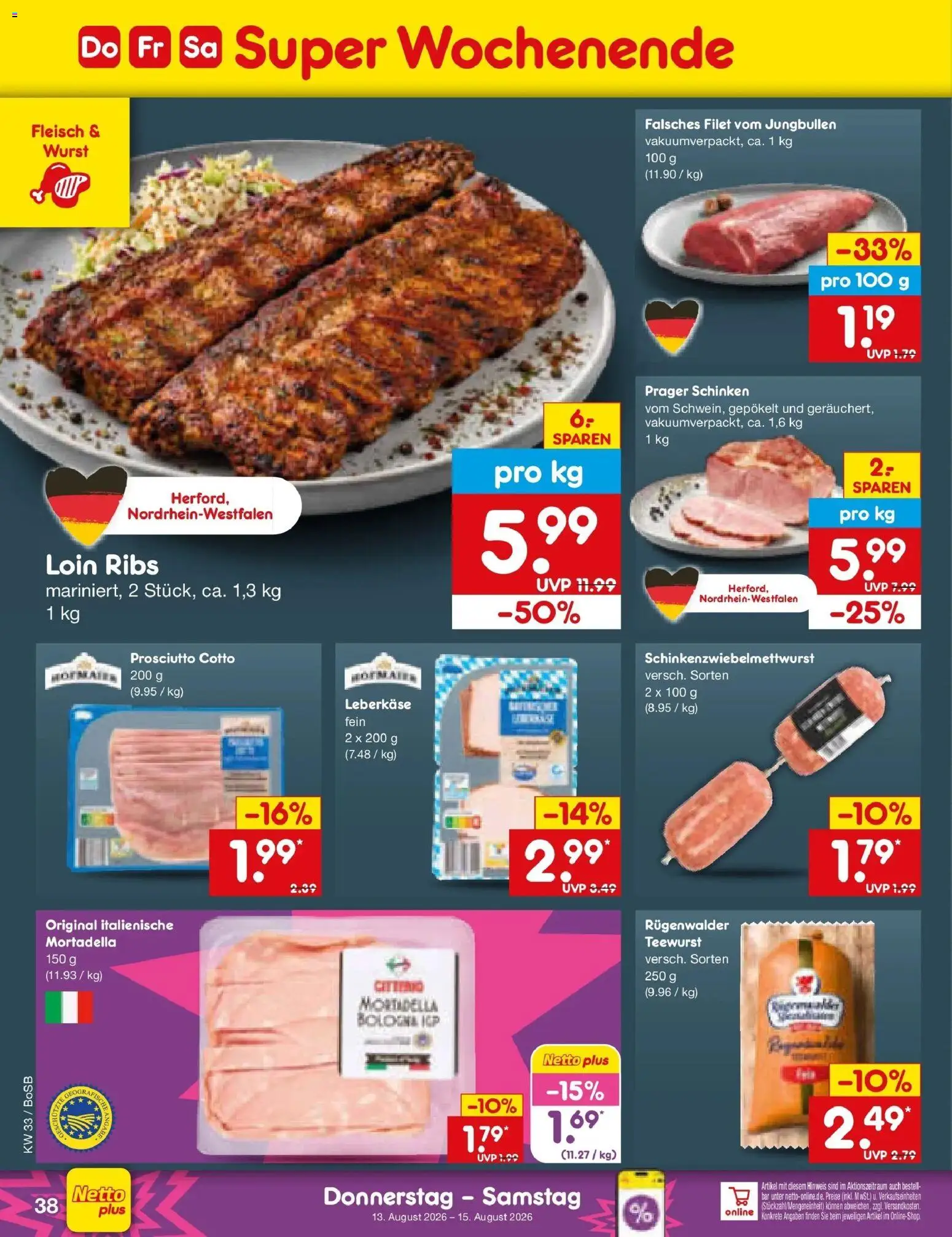 Netto Marken-Discount Prospekt Stadtlohn (ab 10.08.2026) » Angebote | Seite: 54 | Produkte: Wurst, Schinken, Fleisch, Leberkase