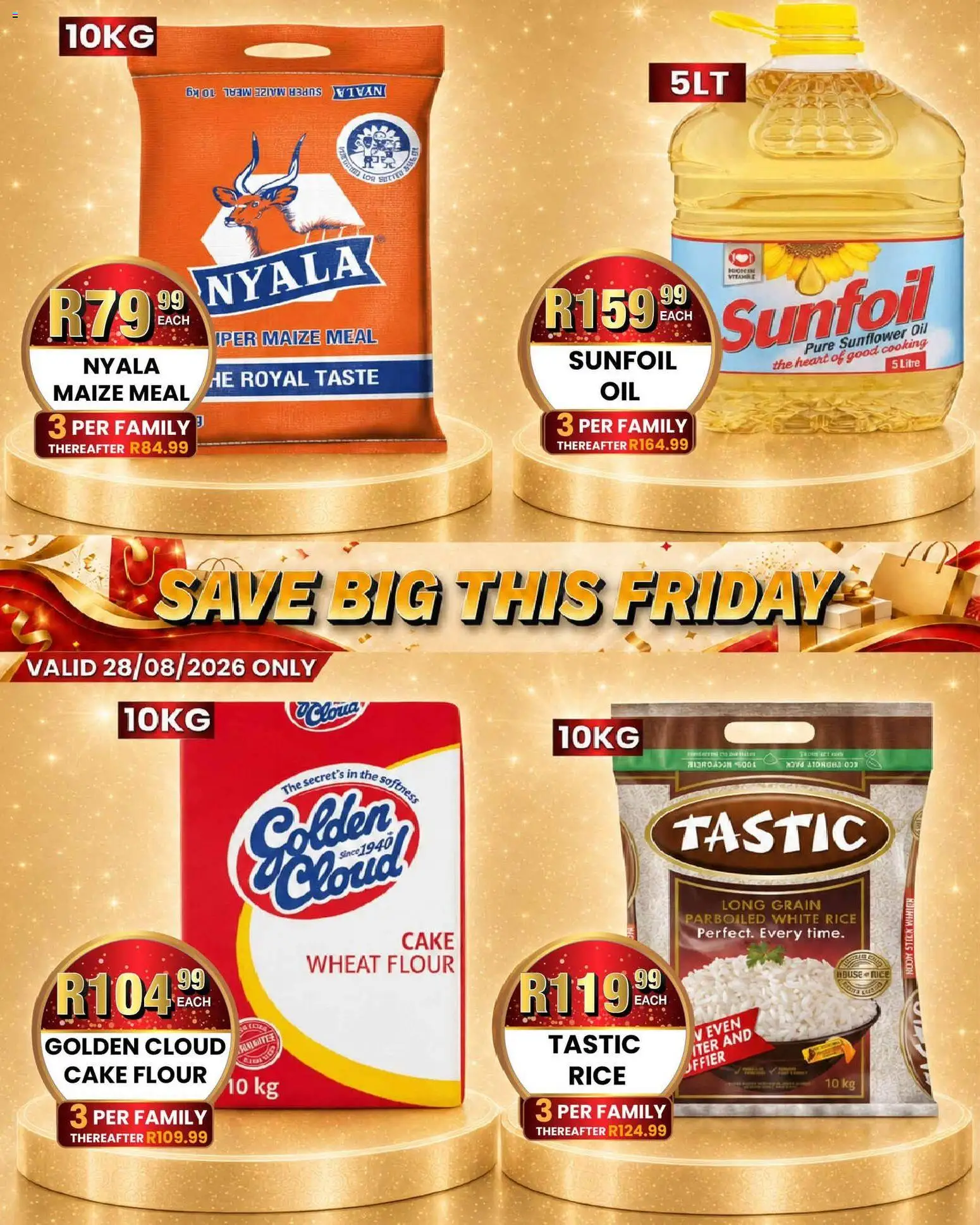 New Take n Pay catalogue – valid from 28/08/2026 | Page: 4 | Products: Cake, Flour, Maize meal, Oil