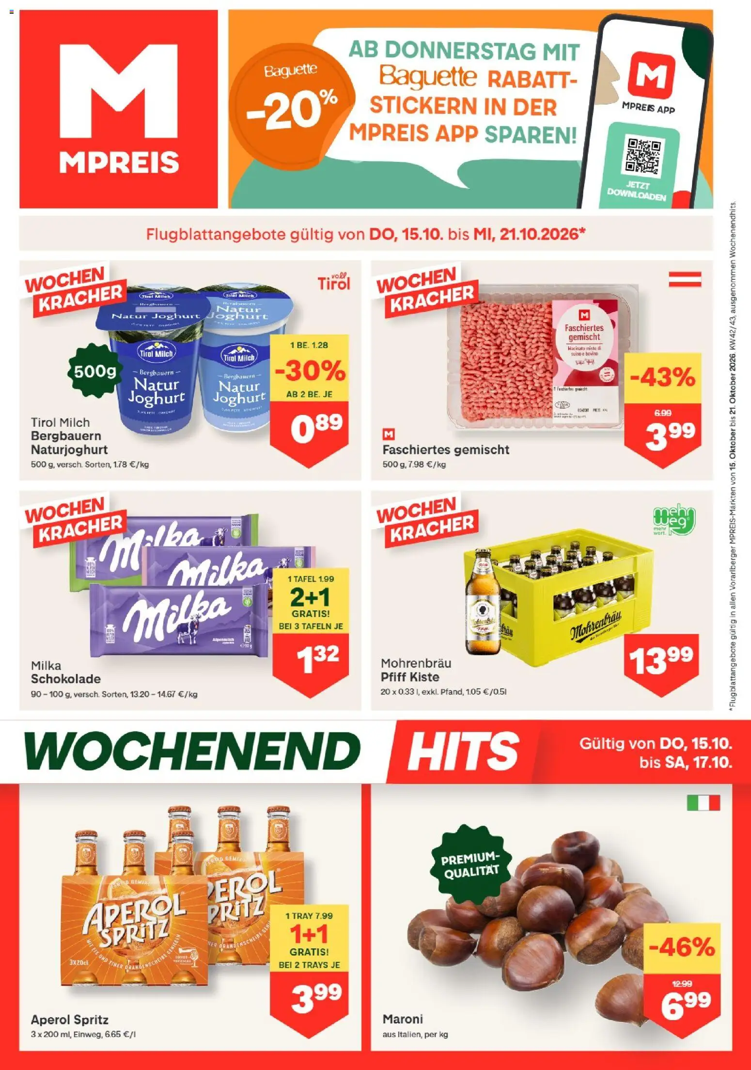MPREIS Hohenems gültig ab 15.10.2026 | Seite: 1 | Produkte: Eis, Aperol, Baguette, Milch