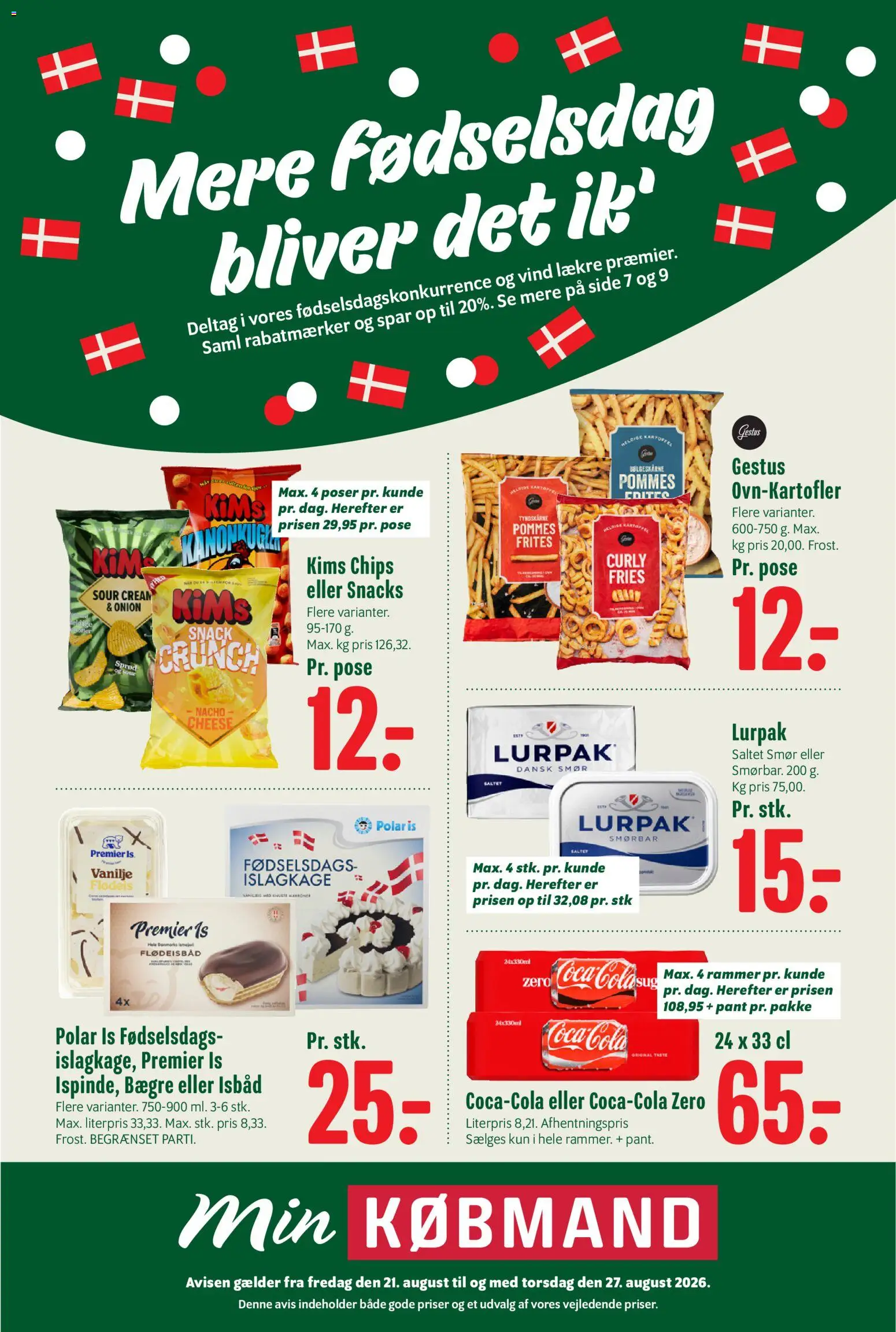 Min Købmand tilbudsavis – gyldig fra 21/08/2026 | Side: 1 | Produkter: Rammer, Chips, Flødeis, Is