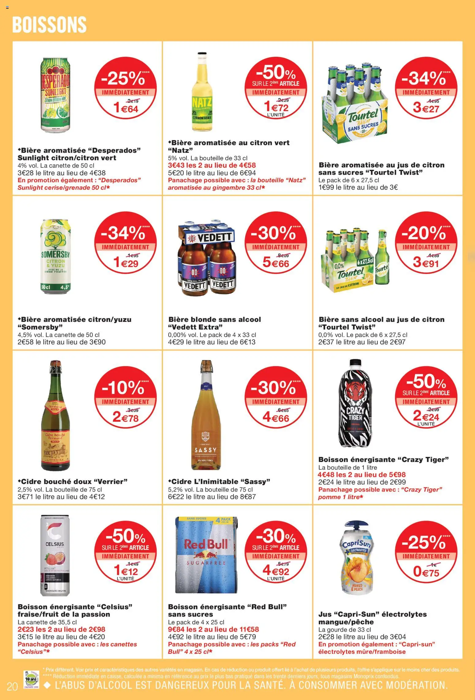 {H1} | Page: 20 | Produits: Boissons, Red bull, Crazy Tiger, Bière aromatisée