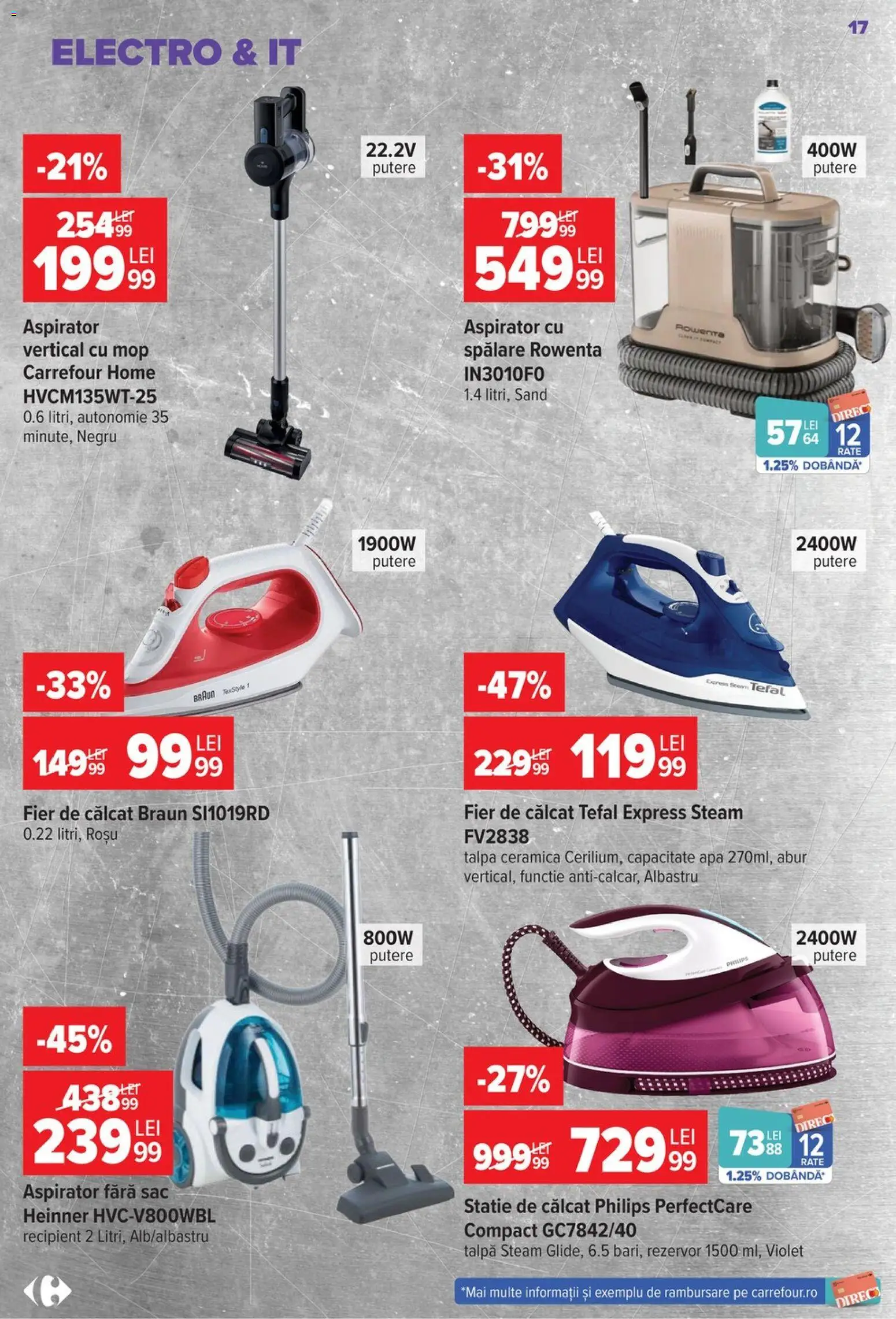Noul catalog Carrefour – valabil de la 22.07.2026 | Pagină: 17 | Produse: Fier de călcat, Aspirator, Mop, Apă