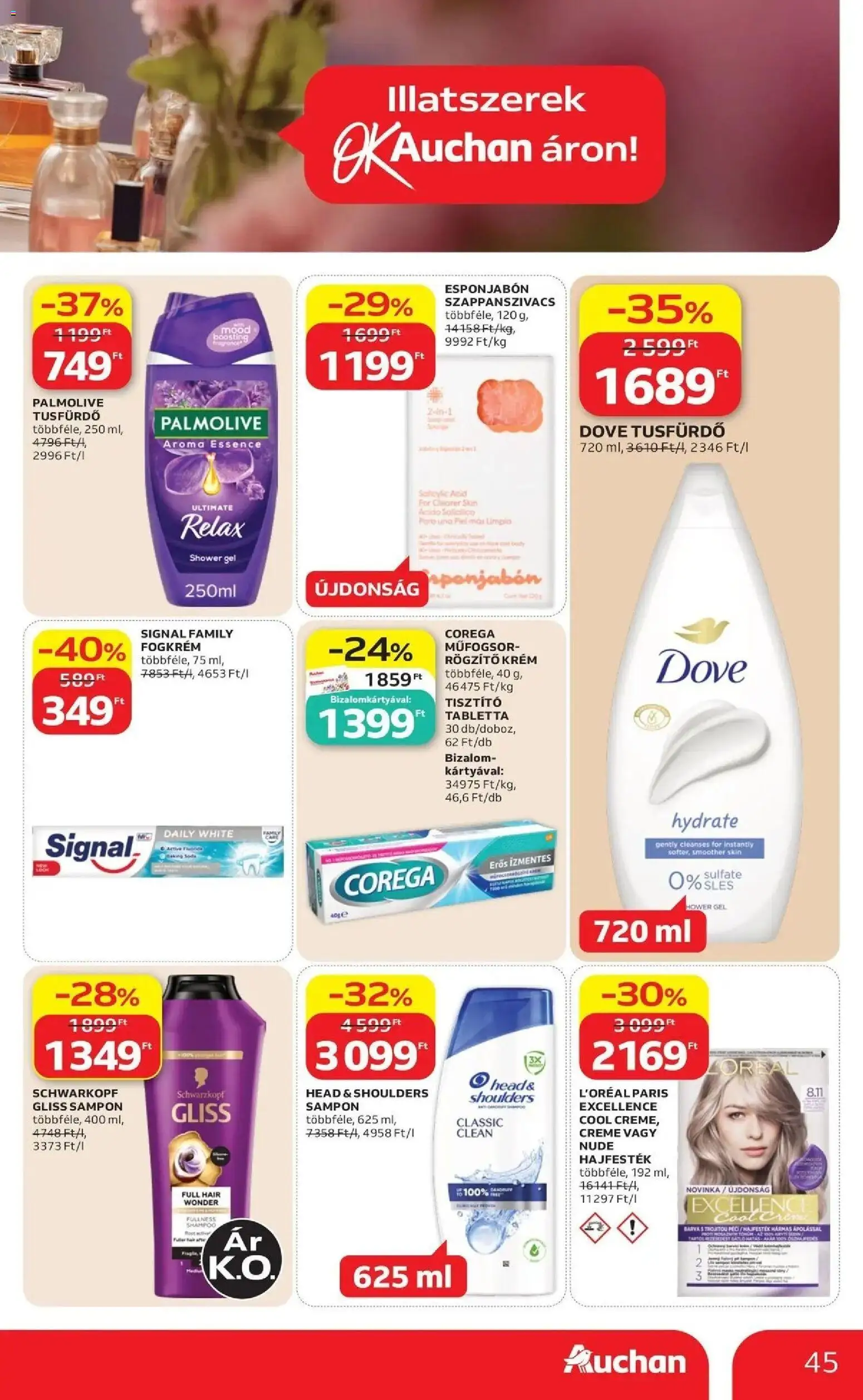 Auchan akciós ujság - amely érvényes a következő dátumtól: 2026.07.16. | Oldal: 45 | Termékek: Hajfesték, Sampon, Tusfürdő, Fogkrém
