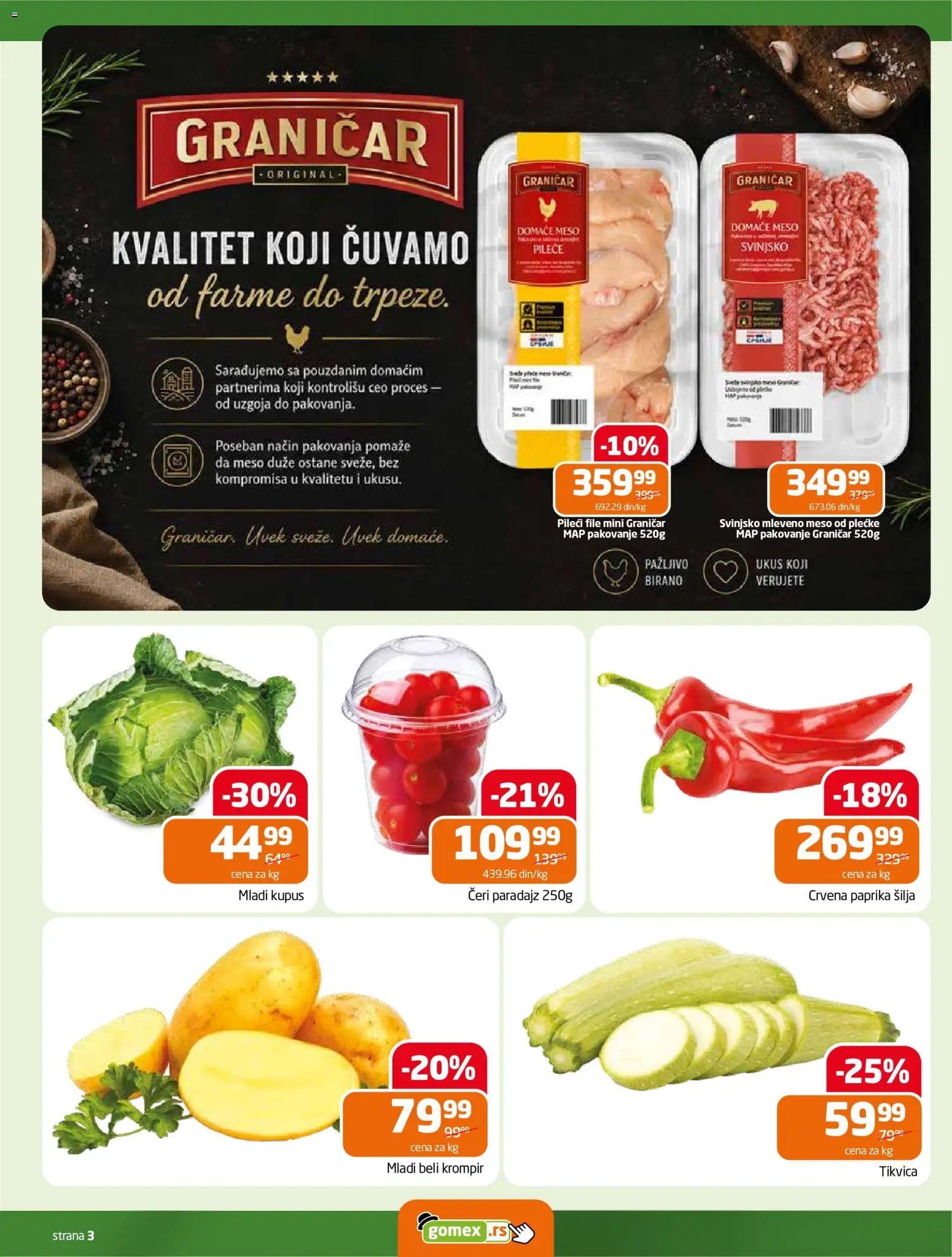 Gomex katalog - važi od 22.07.2026 | Strana: 3 | Proizvode: Svinjsko mleveno meso, Kupus, Pakovanje, Paradajz