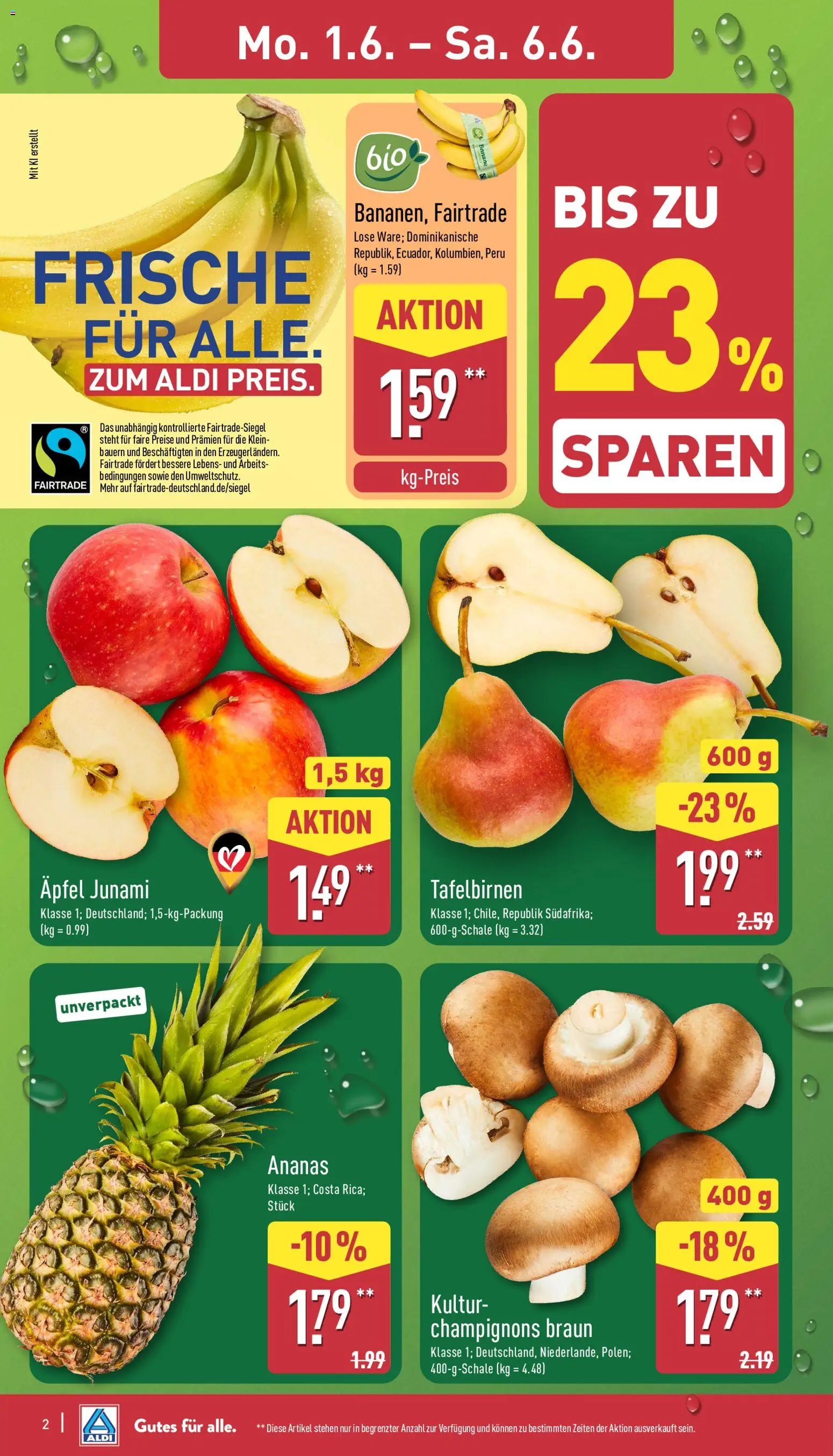 Aldi Prospekt – gültig ab 01.06.2026 | Seite: 2 | Produkte: Äpfel, Ananas, Champignons