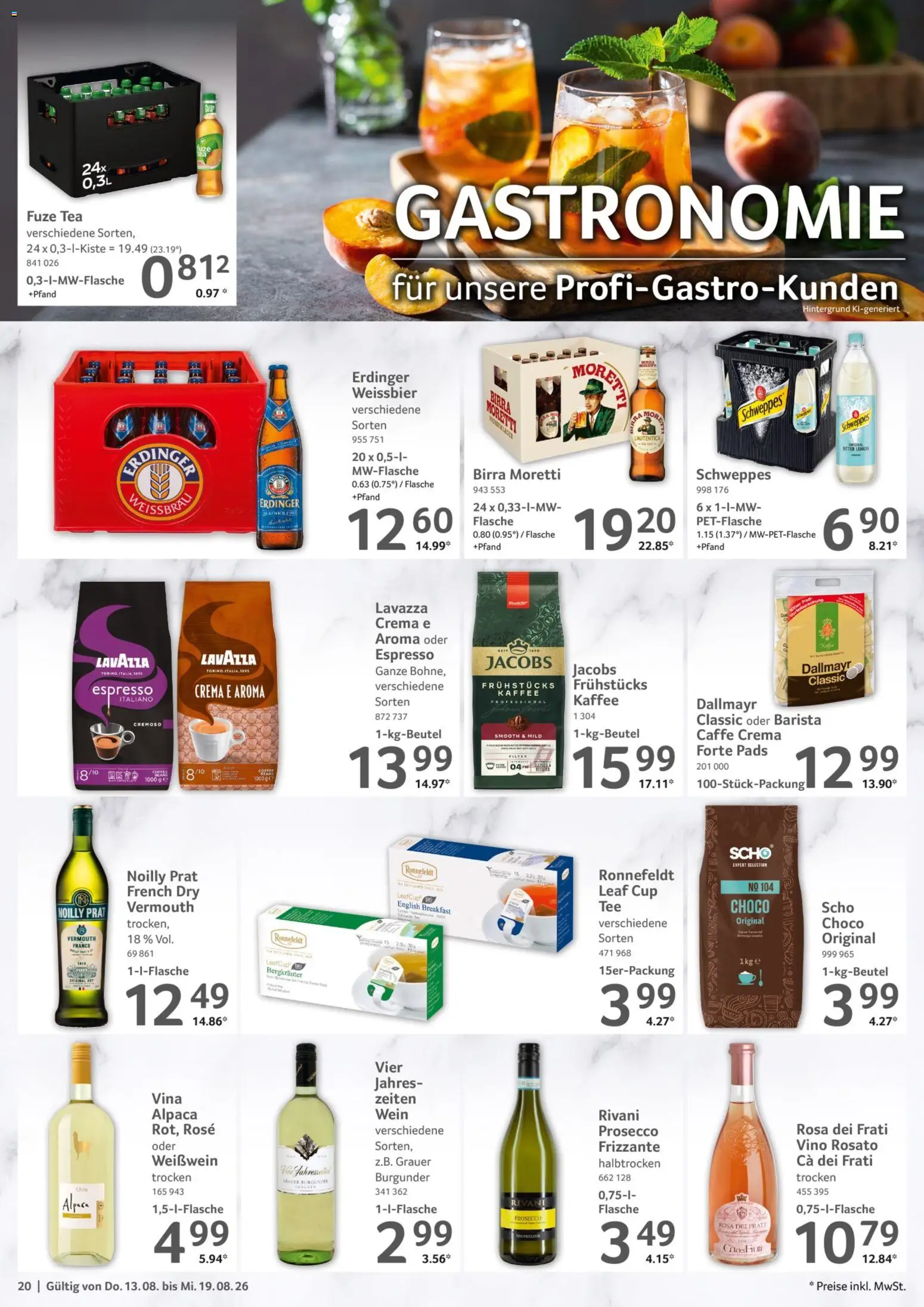 Selgros Prospekt – gültig ab 13.08.2026 | Seite: 20 | Produkte: Fuze tea, Erdinger, Schweppes, Wein