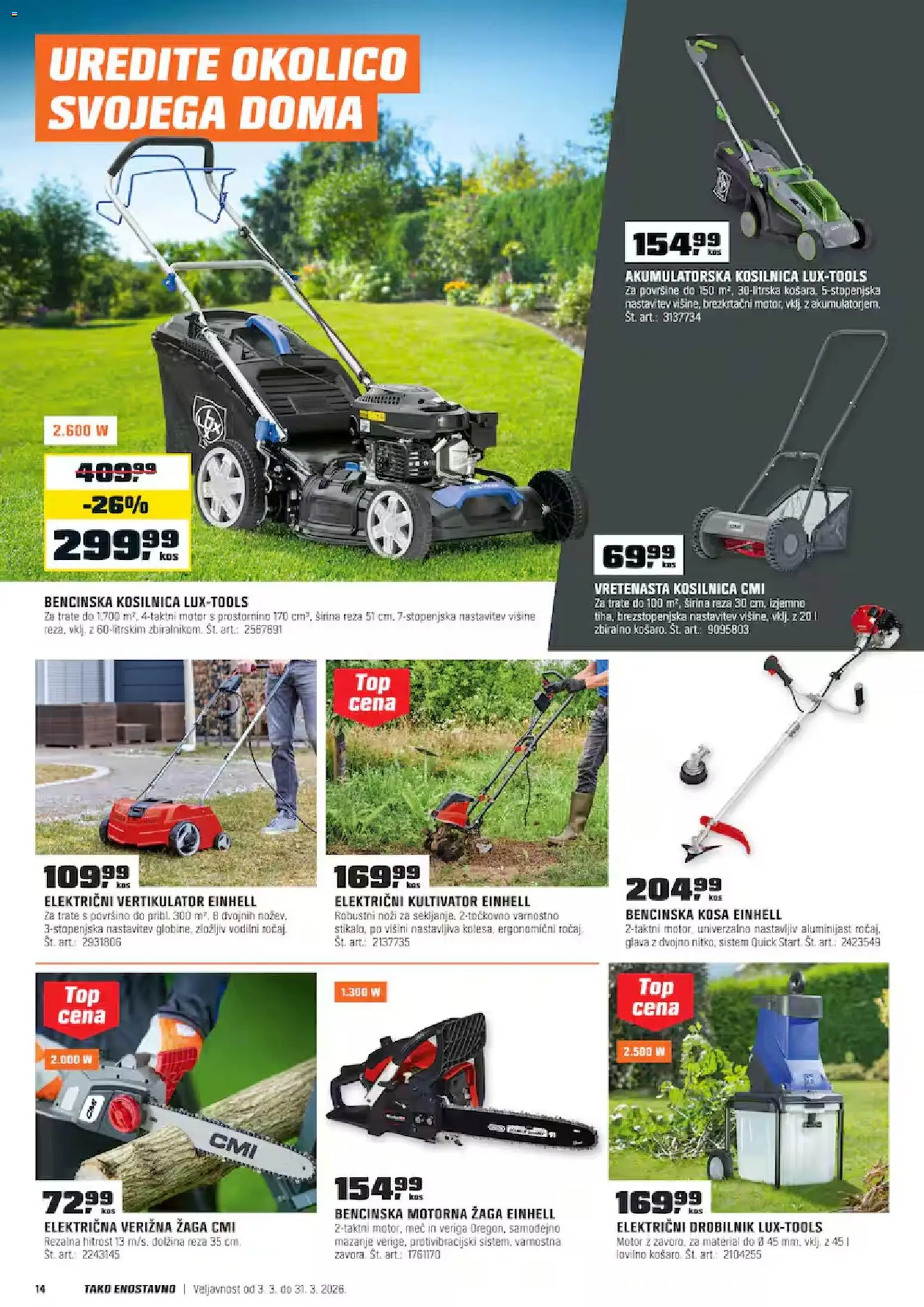 Novi OBI katalog ponudbe – veljaven od 03.03.2026 | Stran: 14 | Izdelki: Kosilnica, Verižna žaga, Bencinska kosa