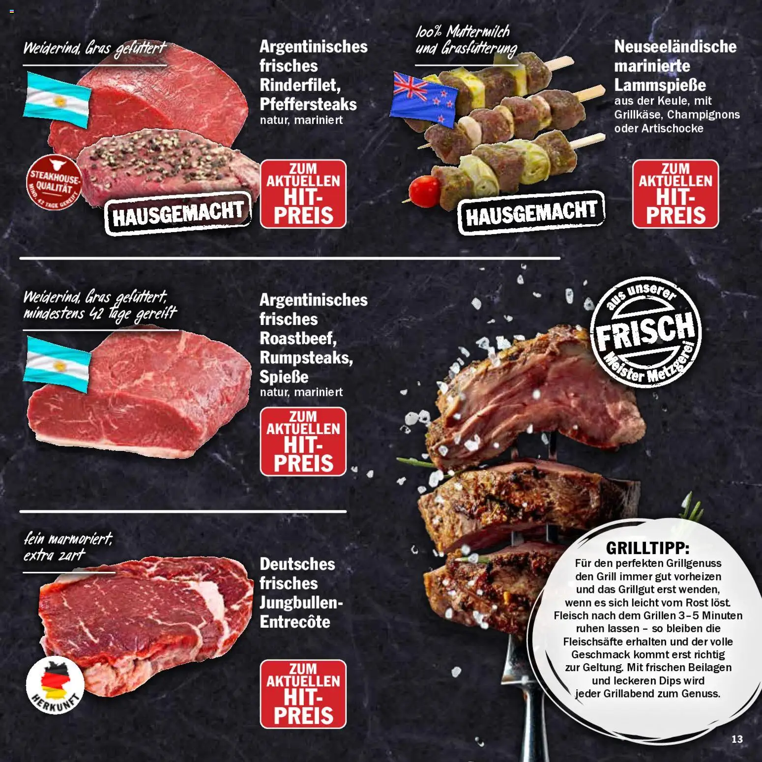 HIT Grillbroschüre – gültig ab 10.08.2026 | Seite: 13 | Produkte: Grill, Spieße, Entrecote, Champignons