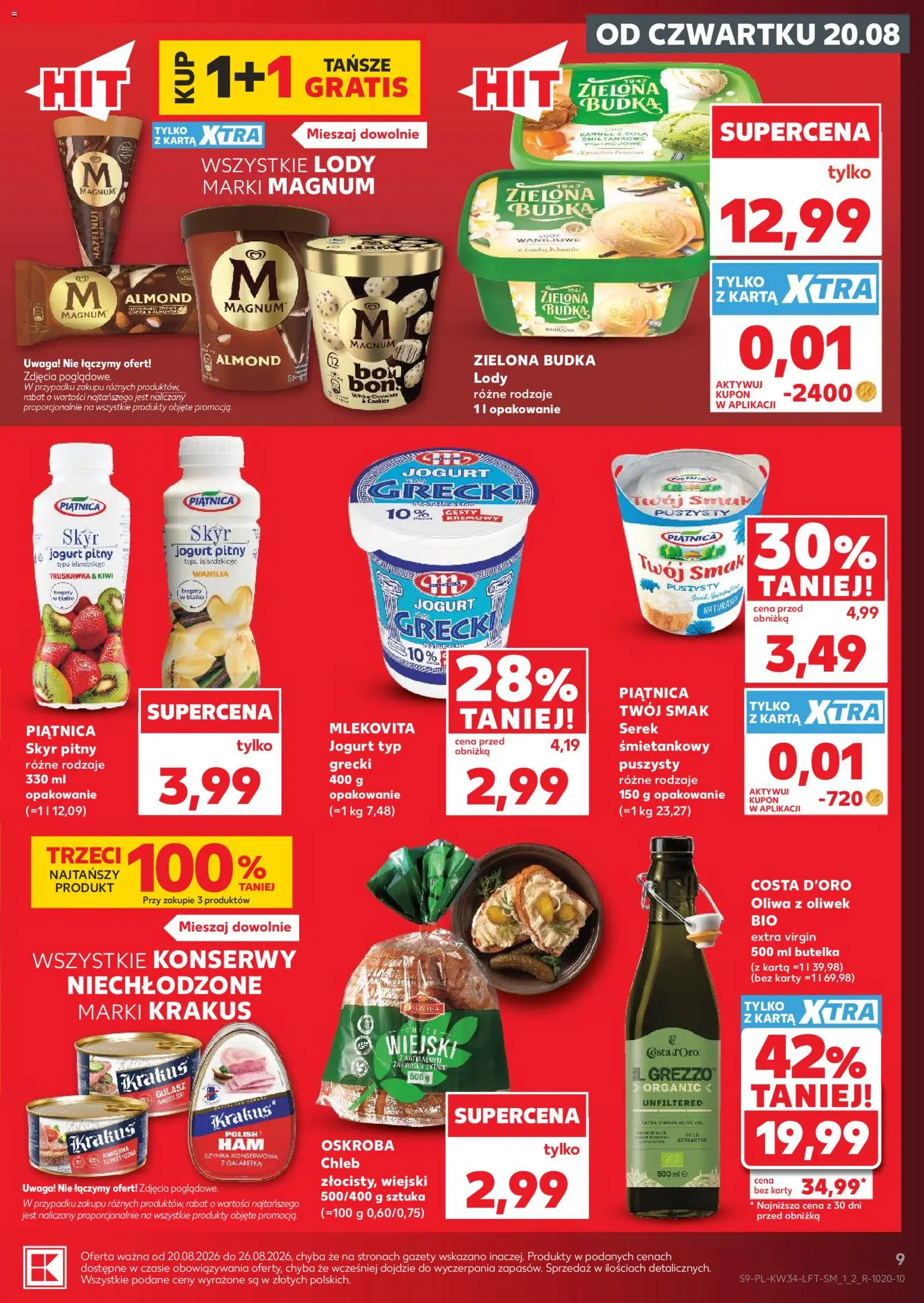 Kaufland Polsko leták - Mocny start od 20.08.2026 | Strana: 9 | Produkty: Jogurt, Chléb, Magnum, Karty