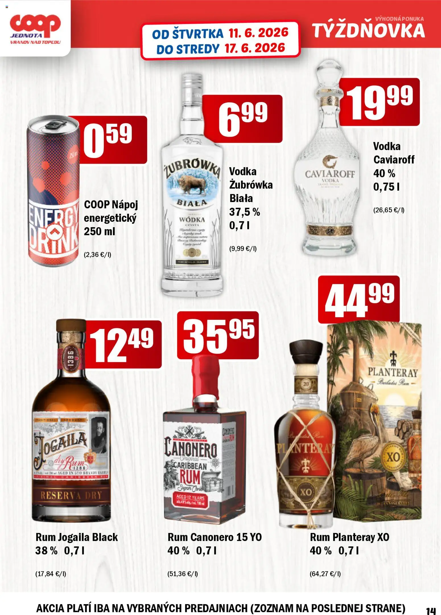 Nové COOP Jednota akcie – leták je platný od 11.06.2026 | Strana: 14 | Produkty: Rám, Vodka, Rum