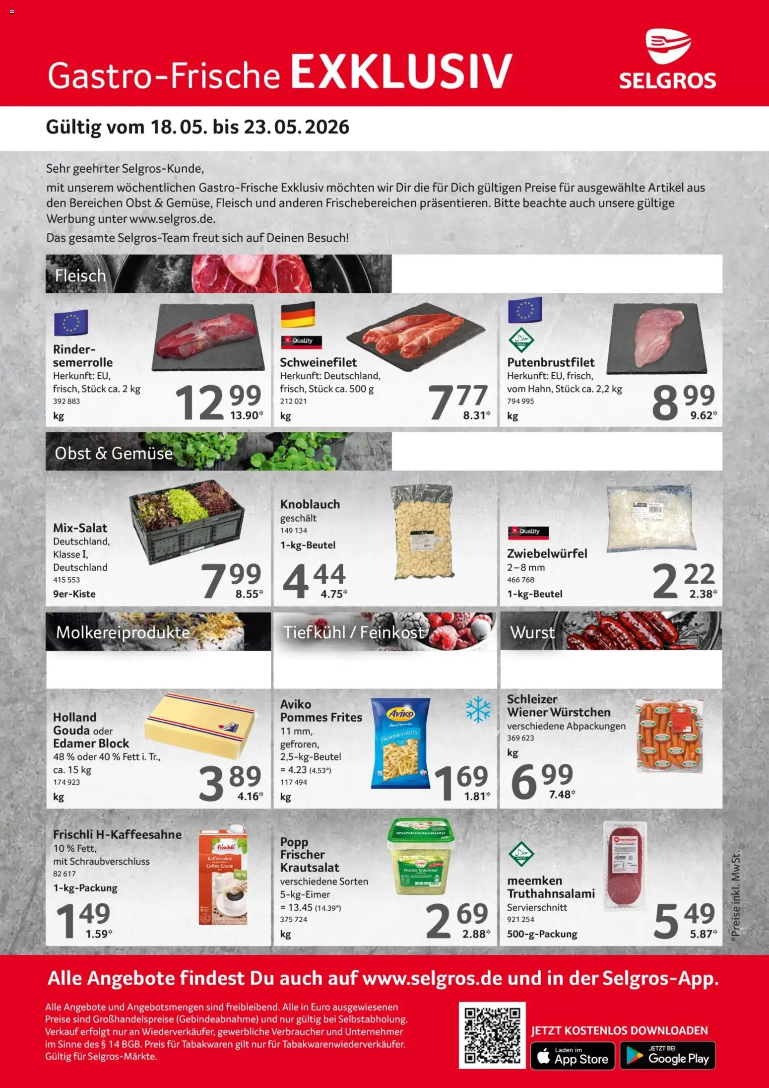 Selgros Gastro Angebote – gültig ab 18.05.2026 | Seite: 1 | Produkte: Pommes, Schweinefilet, Wurst, Meemken