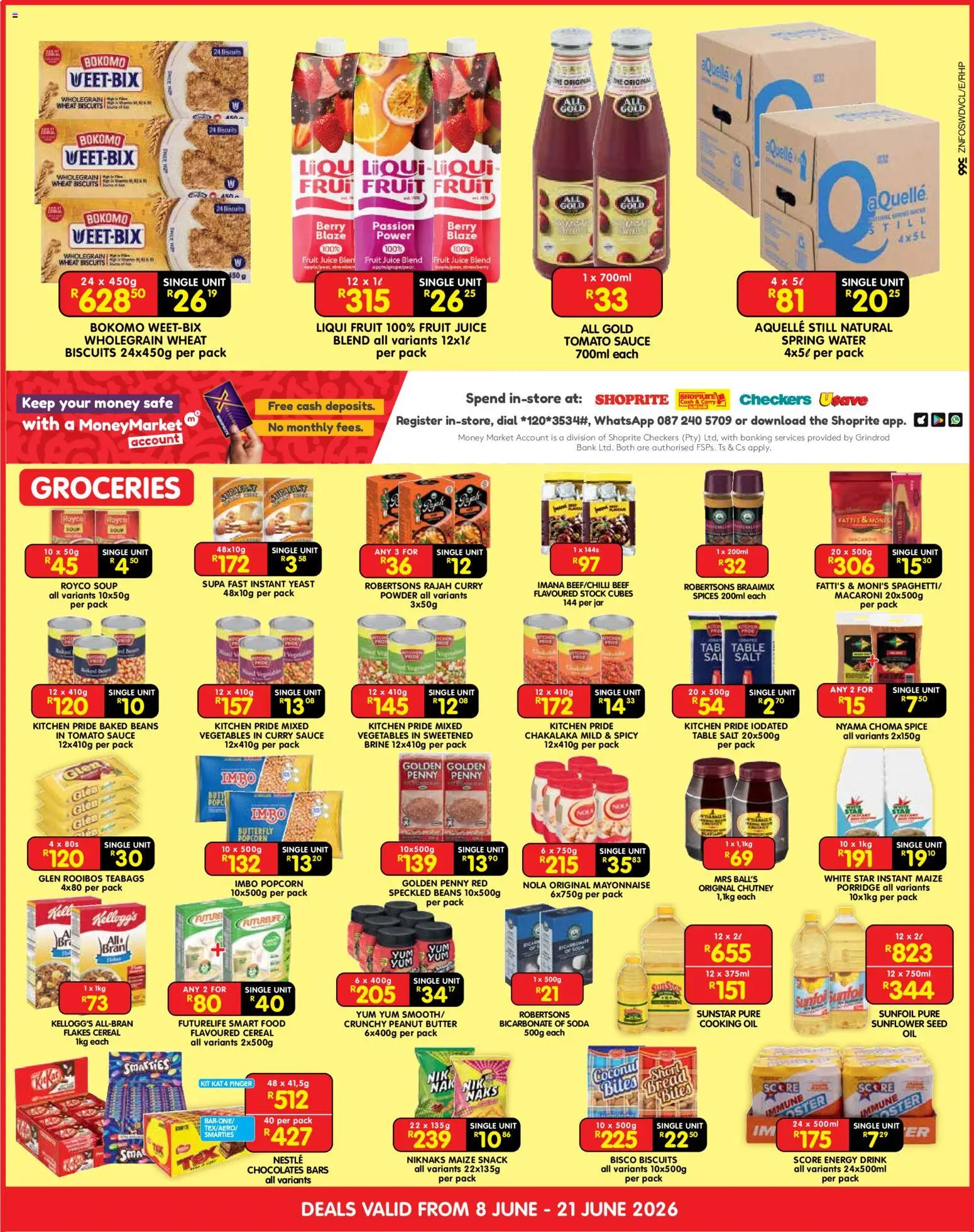 New Shoprite catalogue – valid from 08.06.2026 | Page: 3 | Products: Baked beans, Butter, Biscuits, Juice