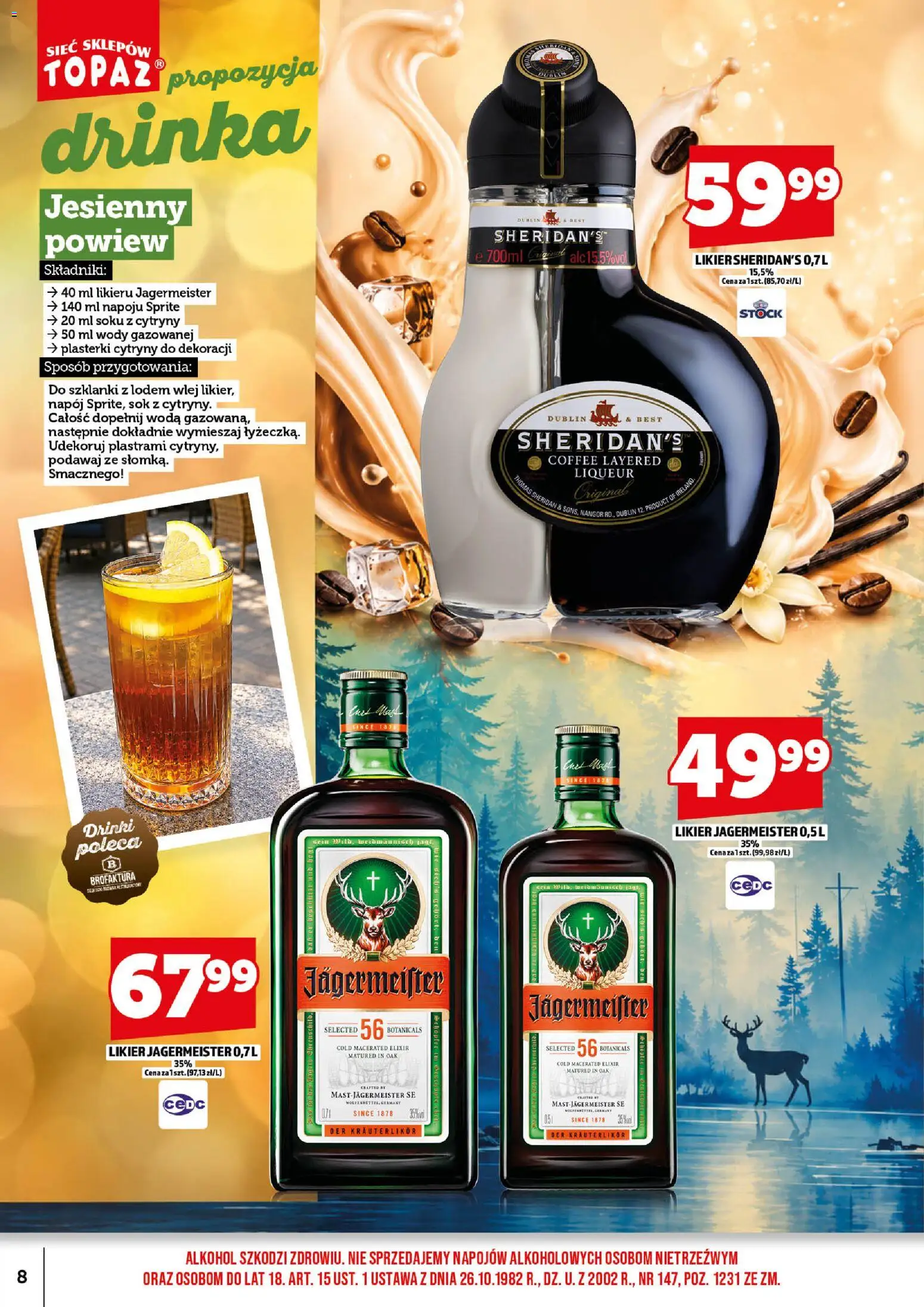 Topaz gazetka alkoholowa od 01.10.2026 | Strona: 10 | Produkty: Likier Sheridan's, Sprite, Jagermeister, Alkohol