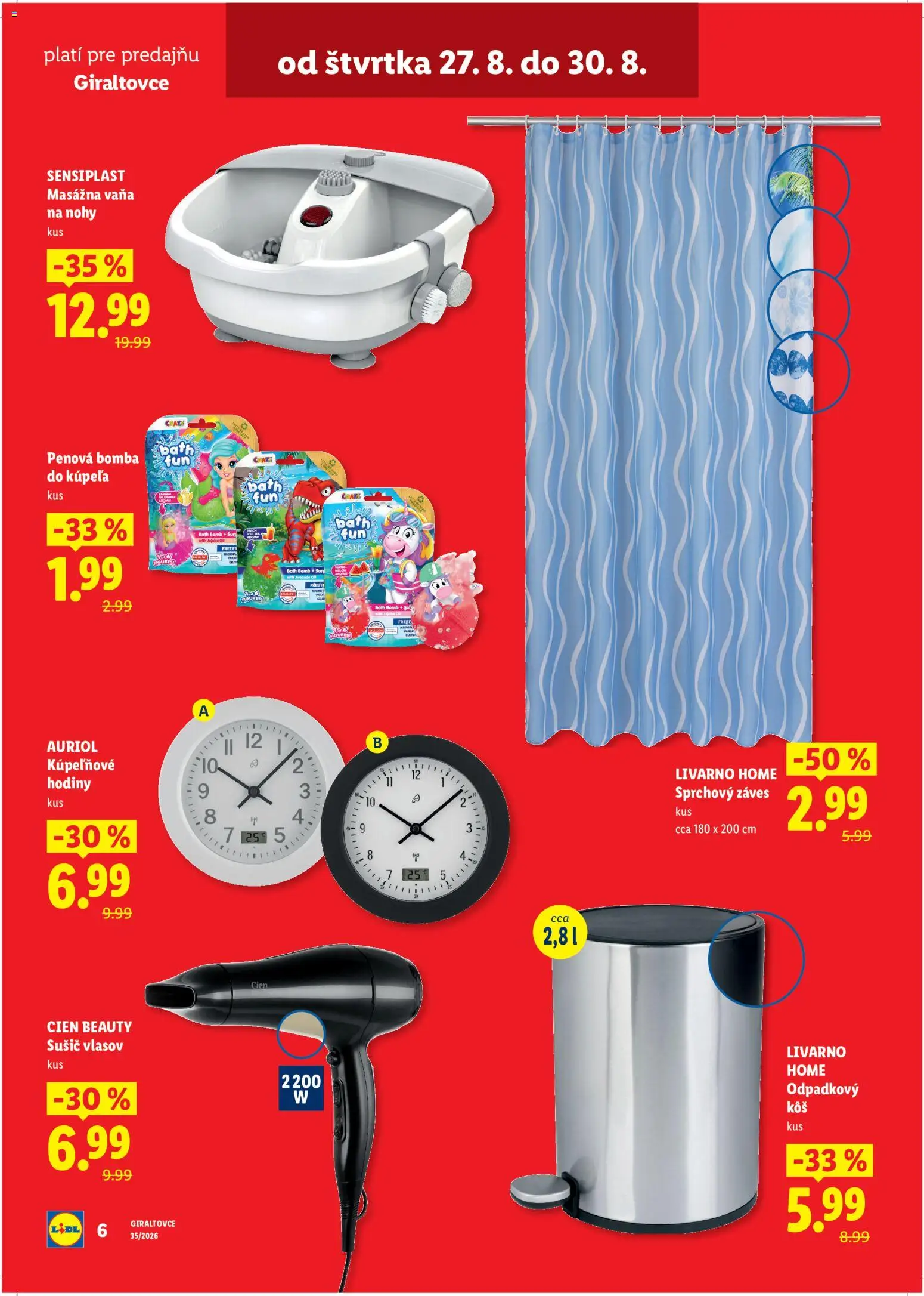 Nové Lidl akcie – leták je platný od 27.08.2026 | Strana: 6 | Produkty: Vaňa, Hodiny, Sušič vlasov, Pena do kúpeľa